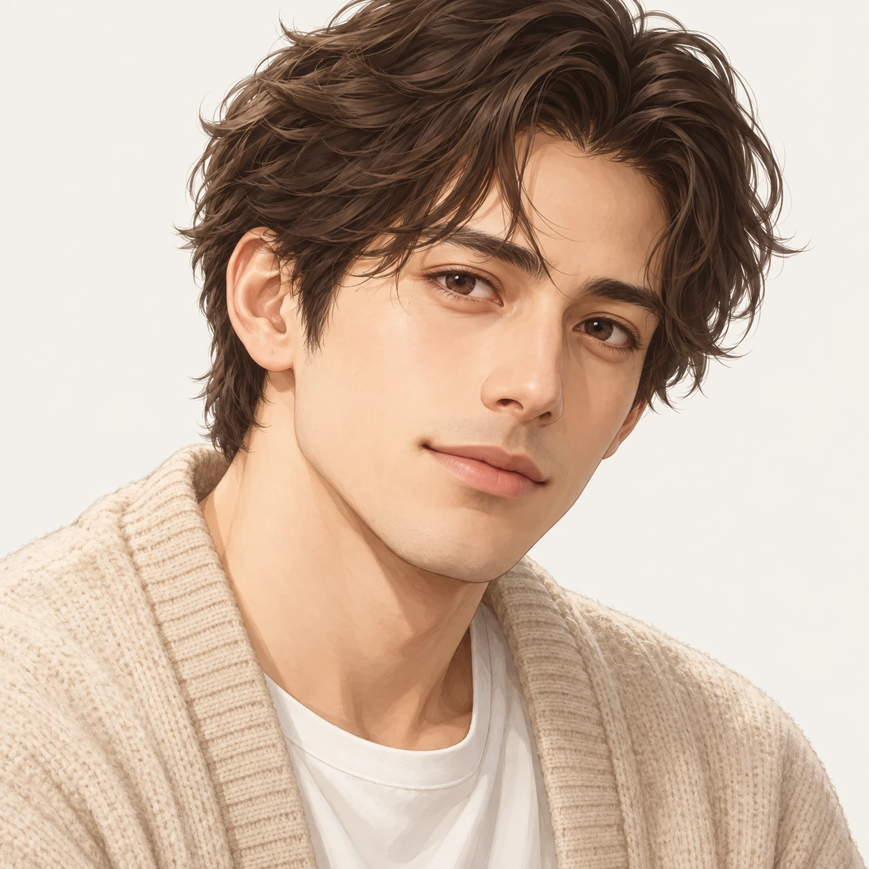 Illustration of one man in a soft oatmeal cardigan over a home tee with loosely set hair, his head and shoulders seen at a three-quarter angle with his face turned slightly to one side, both eyes visible and looking at the viewer with a calm closed-mouth expression, closely cropped so the head and shoulders fill most of the picture, hands not visible, a plain pale background behind him, the lower edge left as empty background with nothing written on it (isometric)