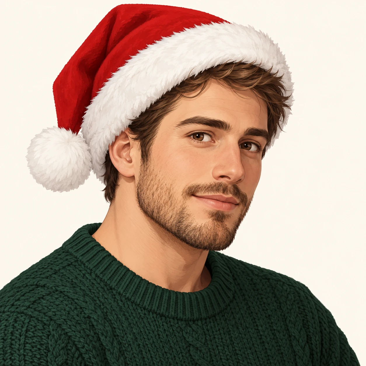Illustration of one man wearing a red Santa hat with a white fur trim over short brown hair and a dark green knit sweater, his head and shoulders seen at a three-quarter angle with his face turned slightly to one side, both eyes visible and looking at the viewer with a calm closed-mouth expression, closely cropped so the head and shoulders fill most of the picture, hands not visible, a plain pale background behind him, the lower edge left as empty background with nothing written on it (isometric)
