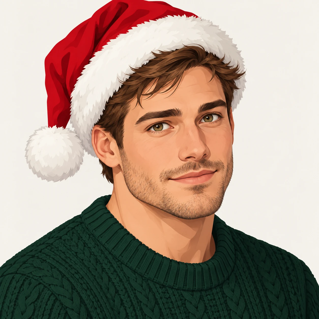 Illustration of one man wearing a red Santa hat with a white fur trim over short brown hair and a dark green knit sweater, his head and shoulders seen at a three-quarter angle with his face turned slightly to one side, both eyes visible and looking at the viewer with a calm closed-mouth expression, closely cropped so the head and shoulders fill most of the picture, hands not visible, a plain pale background behind him, the lower edge left as empty background with nothing written on it (flat illustration)
