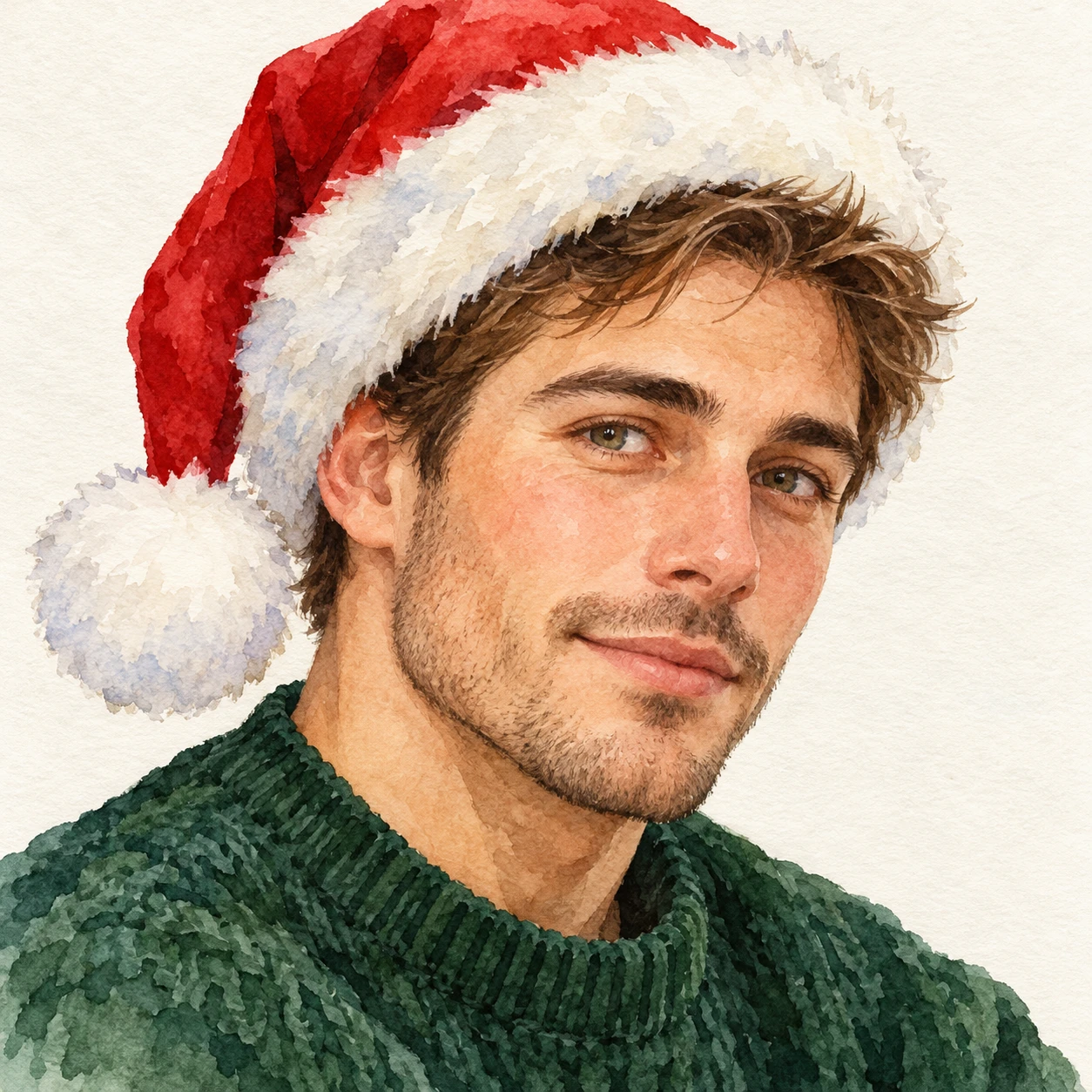Illustration of one man wearing a red Santa hat with a white fur trim over short brown hair and a dark green knit sweater, his head and shoulders seen at a three-quarter angle with his face turned slightly to one side, both eyes visible and looking at the viewer with a calm closed-mouth expression, closely cropped so the head and shoulders fill most of the picture, hands not visible, a plain pale background behind him, the lower edge left as empty background with nothing written on it (watercolor)