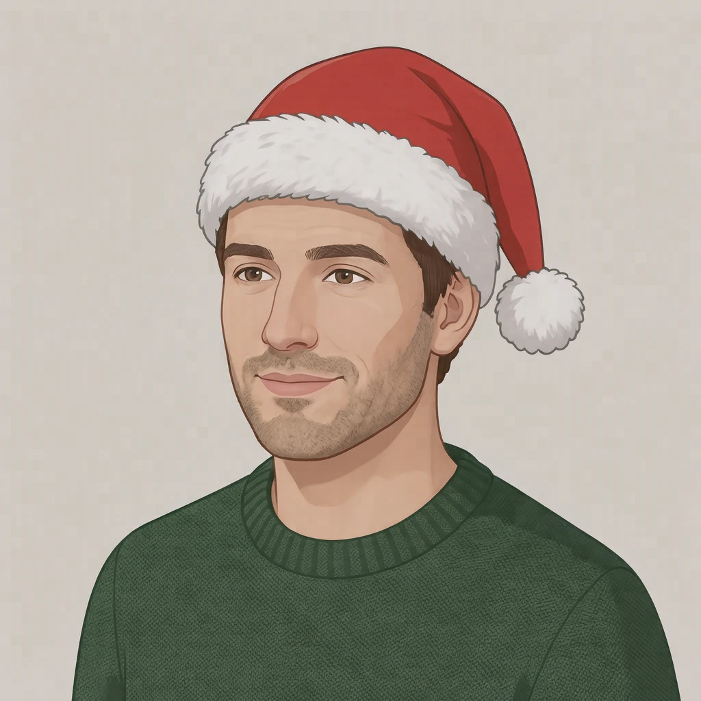 Illustration of one man wearing a red Santa hat with a white fur trim over short brown hair and a dark green knit sweater, his head and shoulders seen at a three-quarter angle with his face turned slightly to one side, both eyes visible and looking at the viewer with a calm closed-mouth expression, closely cropped so the head and shoulders fill most of the picture, hands not visible, a plain pale background behind him, the lower edge left as empty background with nothing written on it (isometric)