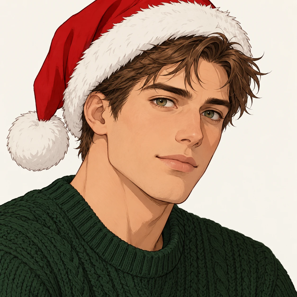 Illustration of one man wearing a red Santa hat with a white fur trim over short brown hair and a dark green knit sweater, his head and shoulders seen at a three-quarter angle with his face turned slightly to one side, both eyes visible and looking at the viewer with a calm closed-mouth expression, closely cropped so the head and shoulders fill most of the picture, hands not visible, a plain pale background behind him, the lower edge left as empty background with nothing written on it (simple line art)