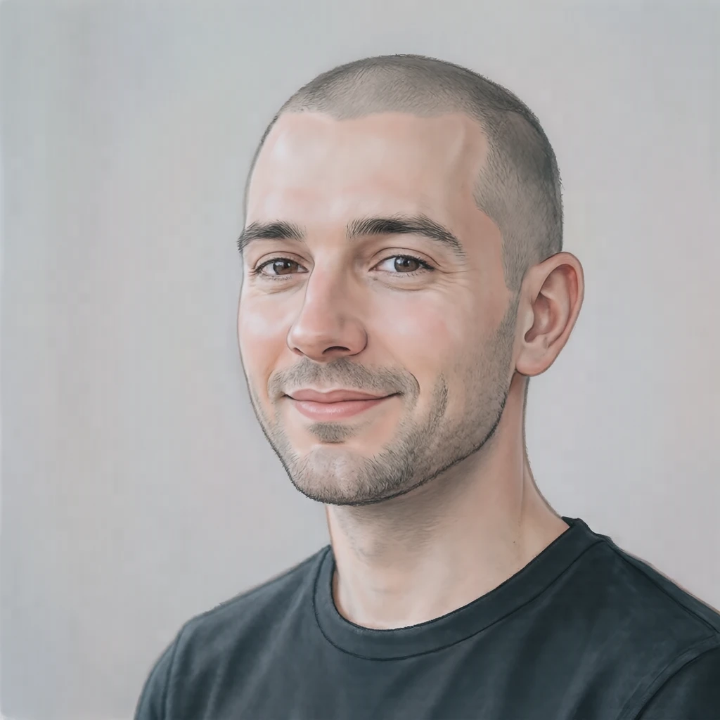 Illustration of one man with a closely shaved head and a plain black tee, his head and shoulders seen at a three-quarter angle with his face turned slightly to one side, both eyes visible and looking at the viewer with a calm closed-mouth expression, closely cropped so the head and shoulders fill most of the picture, hands not visible, a plain pale background behind him, the lower edge left as empty background with nothing written on it (soft pastel)
