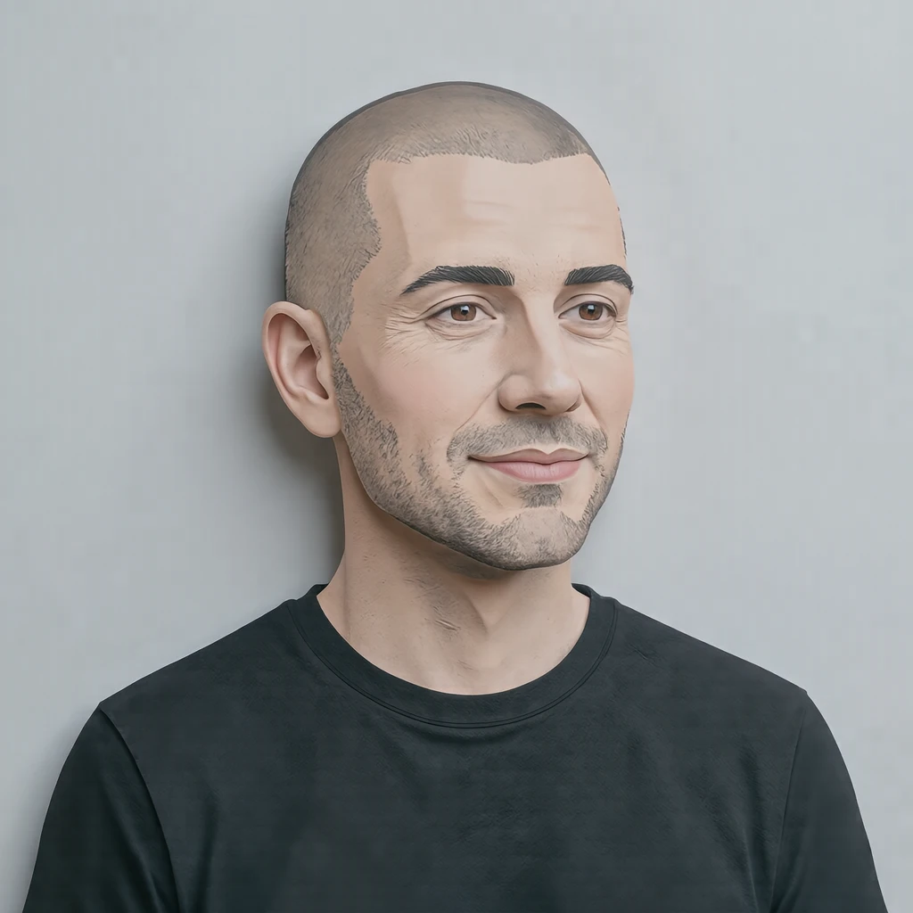Illustration of one man with a closely shaved head and a plain black tee, his head and shoulders seen at a three-quarter angle with his face turned slightly to one side, both eyes visible and looking at the viewer with a calm closed-mouth expression, closely cropped so the head and shoulders fill most of the picture, hands not visible, a plain pale background behind him, the lower edge left as empty background with nothing written on it (paper cut-out)
