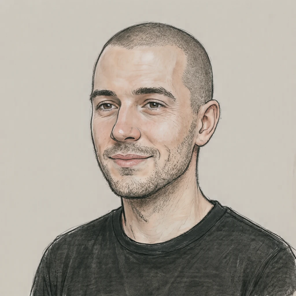 Illustration of one man with a closely shaved head and a plain black tee, his head and shoulders seen at a three-quarter angle with his face turned slightly to one side, both eyes visible and looking at the viewer with a calm closed-mouth expression, closely cropped so the head and shoulders fill most of the picture, hands not visible, a plain pale background behind him, the lower edge left as empty background with nothing written on it (hand-drawn)