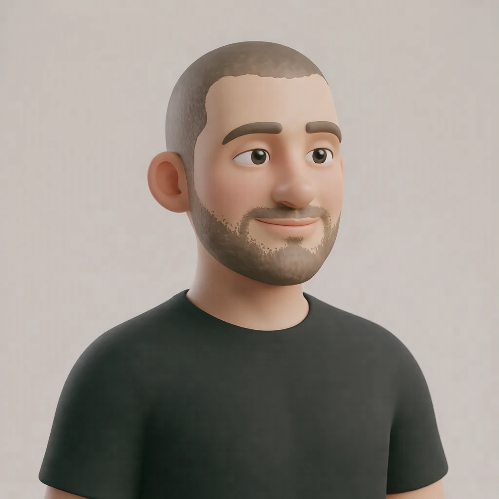 Illustration of one man with a closely shaved head and a plain black tee, his head and shoulders seen at a three-quarter angle with his face turned slightly to one side, both eyes visible and looking at the viewer with a calm closed-mouth expression, closely cropped so the head and shoulders fill most of the picture, hands not visible, a plain pale background behind him, the lower edge left as empty background with nothing written on it (soft 3D)