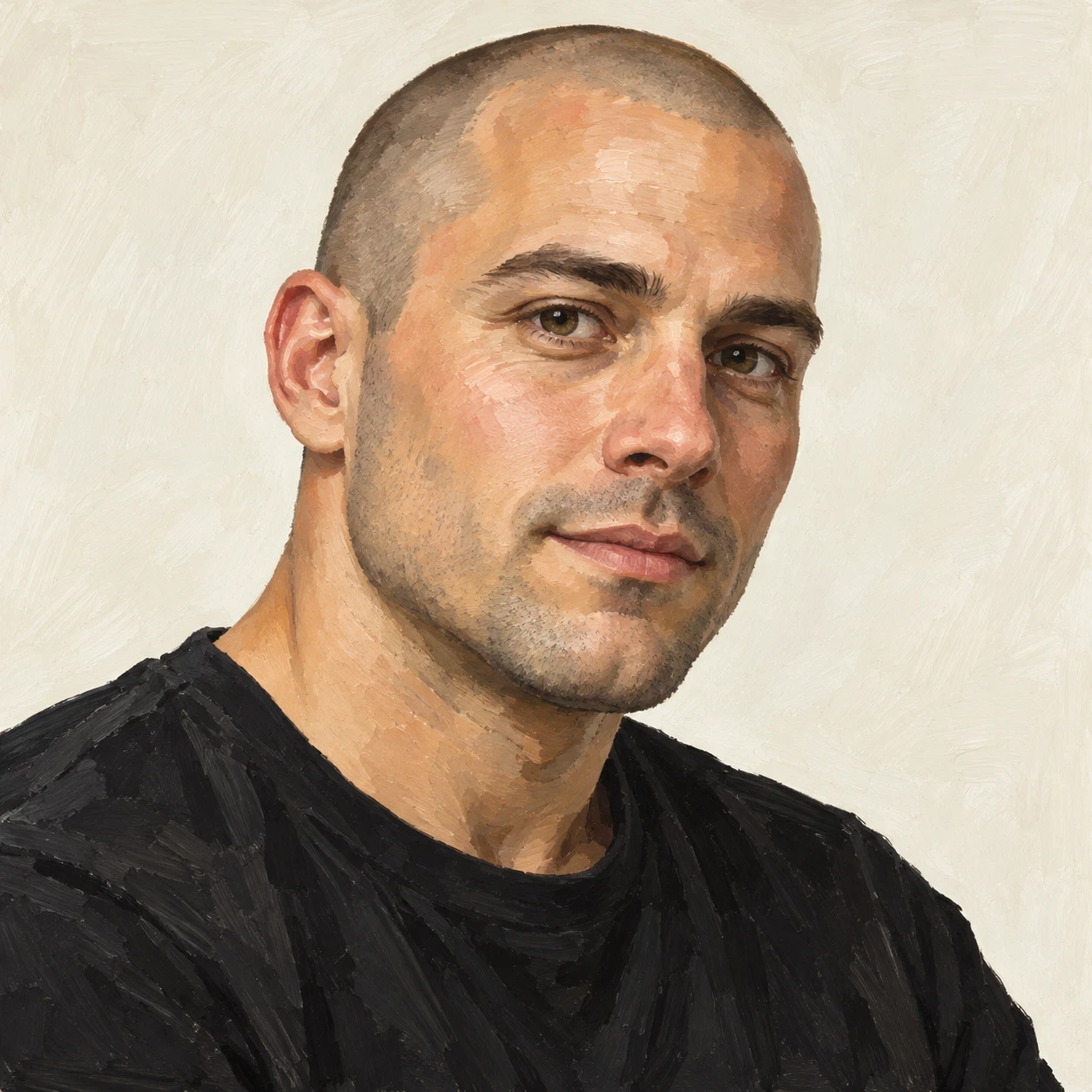 Illustration of one man with a closely shaved head and a plain black tee, his head and shoulders seen at a three-quarter angle with his face turned slightly to one side, both eyes visible and looking at the viewer with a calm closed-mouth expression, closely cropped so the head and shoulders fill most of the picture, hands not visible, a plain pale background behind him, the lower edge left as empty background with nothing written on it (gouache)