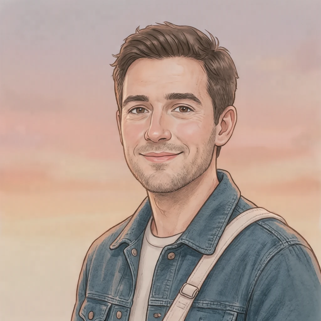 Illustration of one man in a casual jacket with a cotton tote strap over one shoulder and short brown hair, his head and shoulders seen at a three-quarter angle with his face turned slightly to one side, both eyes visible and looking at the viewer with a calm closed-mouth expression, closely cropped so the head and shoulders fill most of the picture, hands not visible, a plain pale background behind him, the lower edge left as empty background with nothing written on it (soft pastel)
