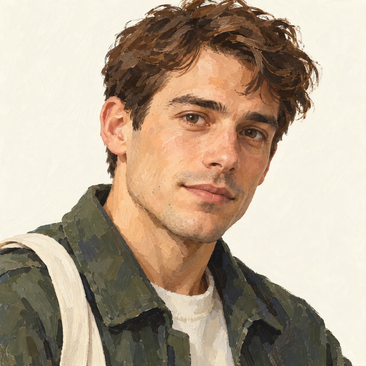 Illustration of one man in a casual jacket with a cotton tote strap over one shoulder and short brown hair, his head and shoulders seen at a three-quarter angle with his face turned slightly to one side, both eyes visible and looking at the viewer with a calm closed-mouth expression, closely cropped so the head and shoulders fill most of the picture, hands not visible, a plain pale background behind him, the lower edge left as empty background with nothing written on it (gouache)