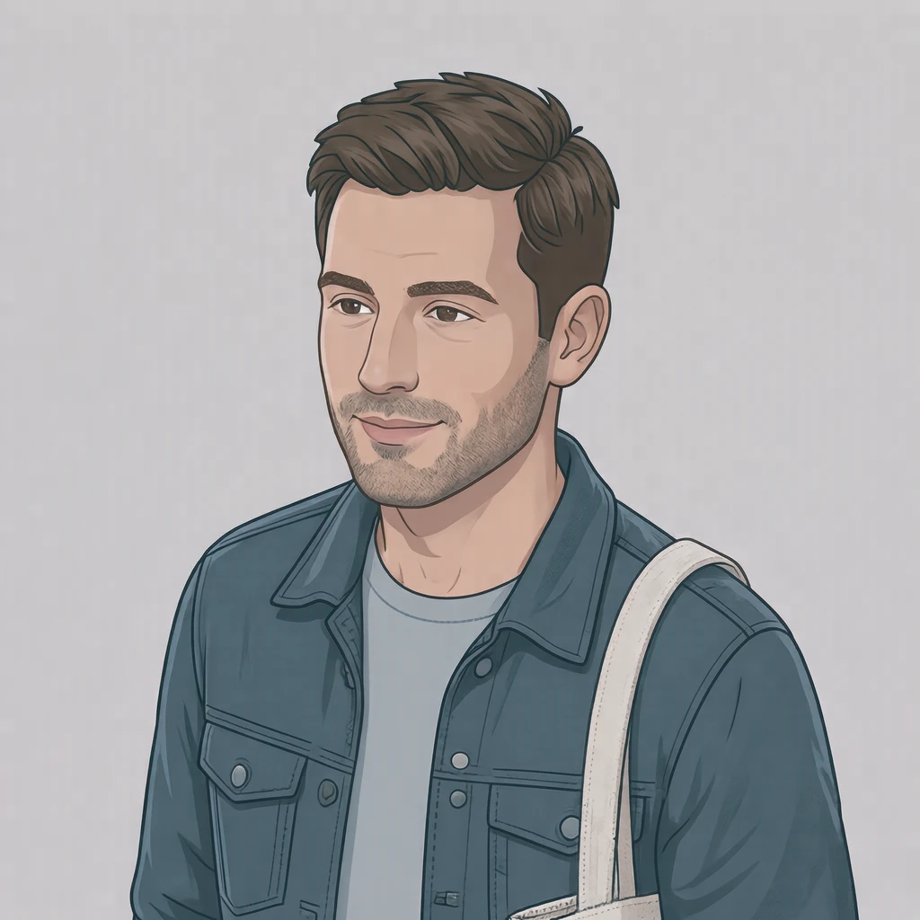 Illustration of one man in a casual jacket with a cotton tote strap over one shoulder and short brown hair, his head and shoulders seen at a three-quarter angle with his face turned slightly to one side, both eyes visible and looking at the viewer with a calm closed-mouth expression, closely cropped so the head and shoulders fill most of the picture, hands not visible, a plain pale background behind him, the lower edge left as empty background with nothing written on it (isometric)