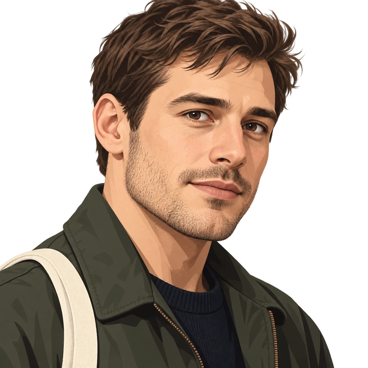 Illustration of one man in a casual jacket with a cotton tote strap over one shoulder and short brown hair, his head and shoulders seen at a three-quarter angle with his face turned slightly to one side, both eyes visible and looking at the viewer with a calm closed-mouth expression, closely cropped so the head and shoulders fill most of the picture, hands not visible, a plain pale background behind him, the lower edge left as empty background with nothing written on it (bold graphic)