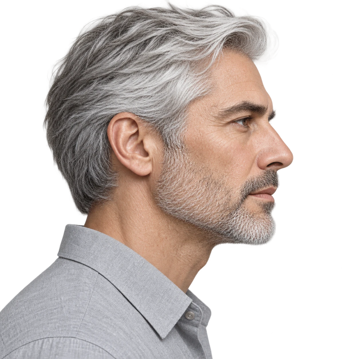 Illustration of one man with silver hair and a soft grey shirt, his head and shoulders seen in full profile from the side with his gaze level ahead and a calm closed-mouth expression, closely cropped so the head and shoulders fill most of the picture, hands not visible, a plain pale background behind him, the lower edge left as empty background with nothing written on it (bold graphic)