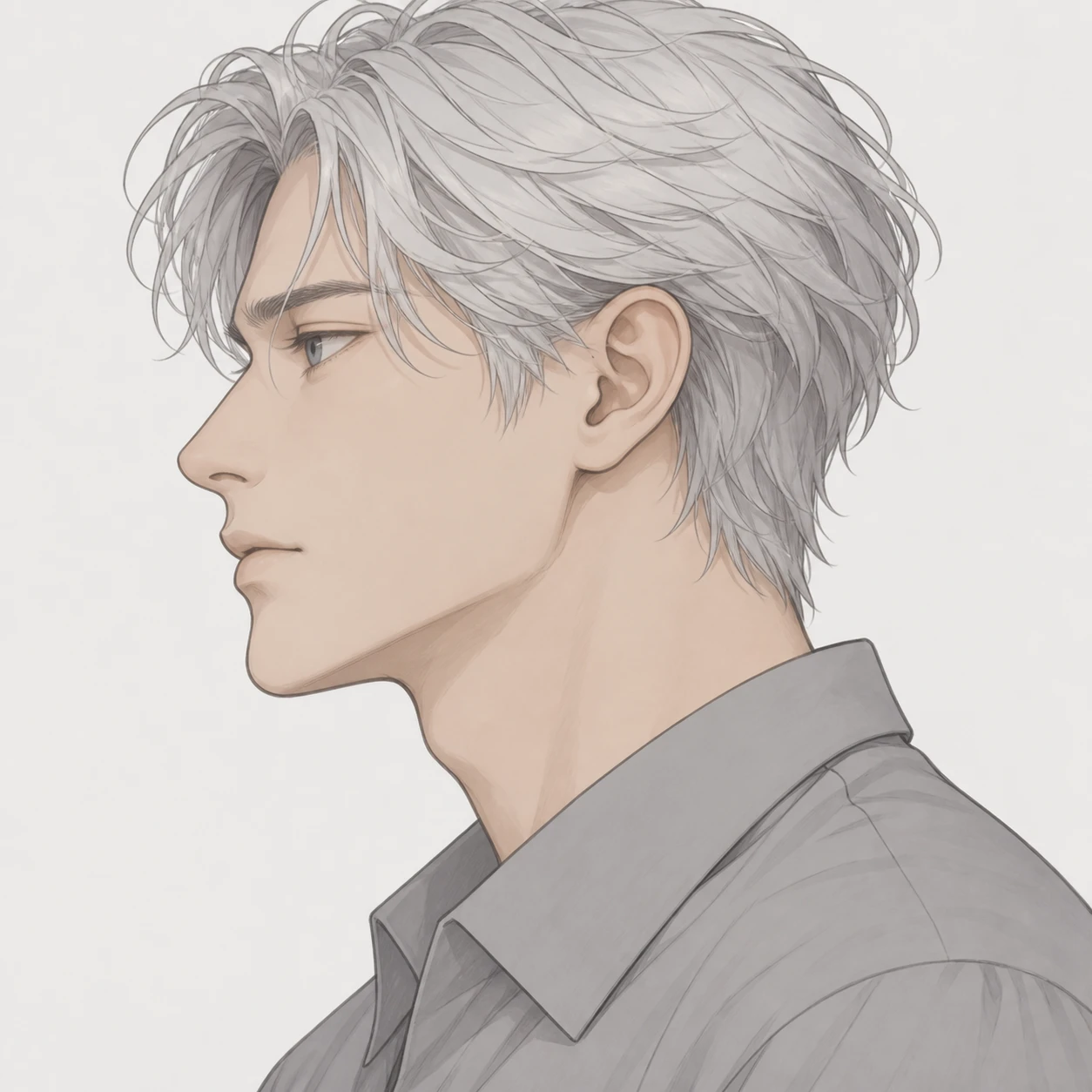 Illustration of one man with silver hair and a soft grey shirt, his head and shoulders seen in full profile from the side with his gaze level ahead and a calm closed-mouth expression, closely cropped so the head and shoulders fill most of the picture, hands not visible, a plain pale background behind him, the lower edge left as empty background with nothing written on it (simple line art)