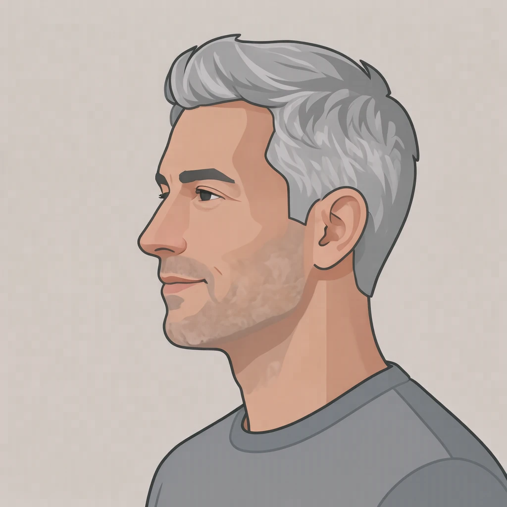 Illustration of one man with silver hair and a soft grey shirt, his head and shoulders seen in full profile from the side with his gaze level ahead and a calm closed-mouth expression, closely cropped so the head and shoulders fill most of the picture, hands not visible, a plain pale background behind him, the lower edge left as empty background with nothing written on it (flat illustration)