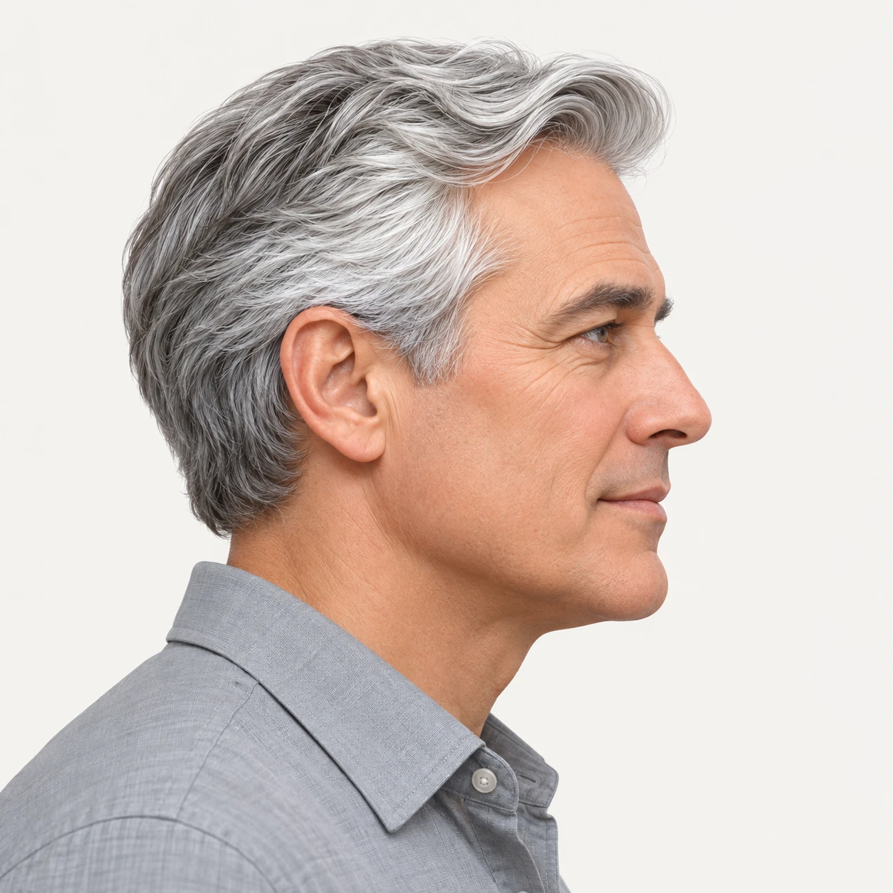 Illustration of one man with silver hair and a soft grey shirt, his head and shoulders seen in full profile from the side with his gaze level ahead and a calm closed-mouth expression, closely cropped so the head and shoulders fill most of the picture, hands not visible, a plain pale background behind him, the lower edge left as empty background with nothing written on it (isometric)