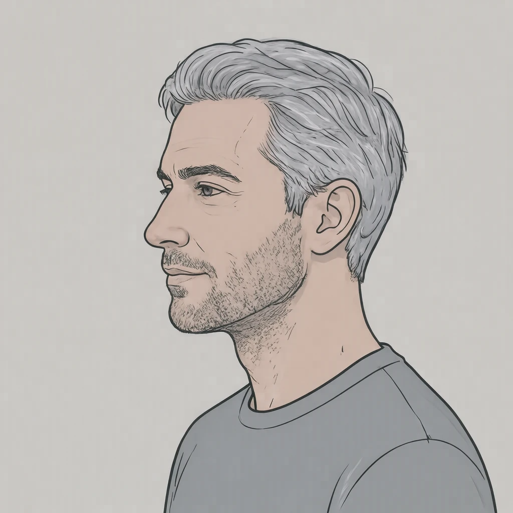 Illustration of one man with silver hair and a soft grey shirt, his head and shoulders seen in full profile from the side with his gaze level ahead and a calm closed-mouth expression, closely cropped so the head and shoulders fill most of the picture, hands not visible, a plain pale background behind him, the lower edge left as empty background with nothing written on it (simple line art)