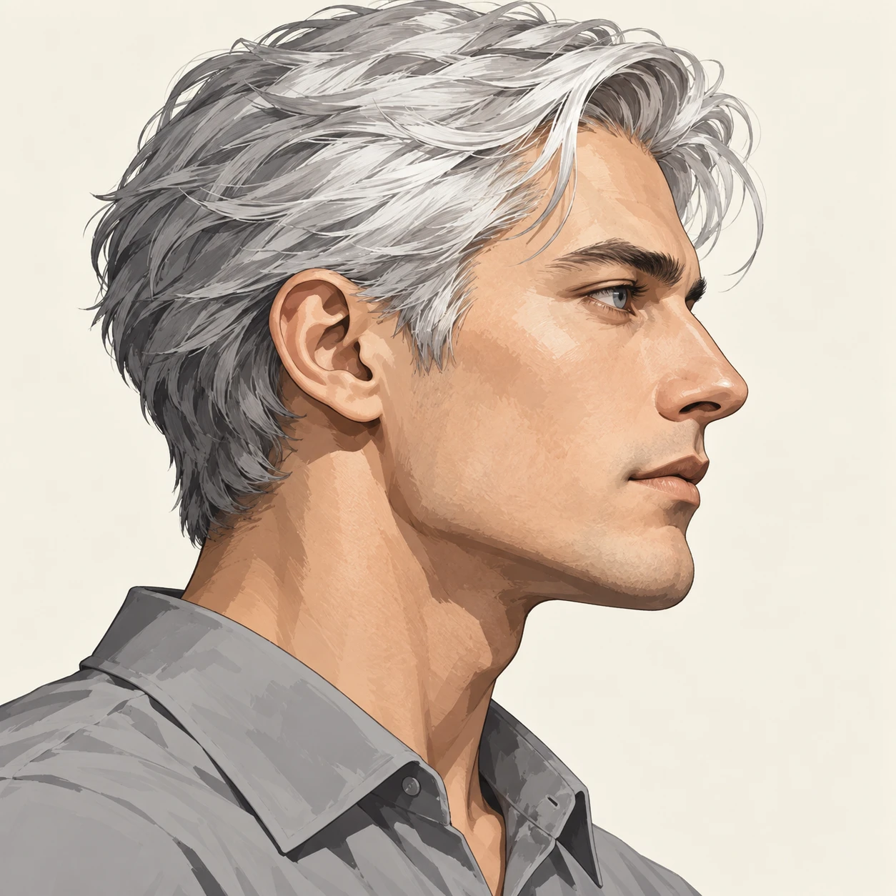 Illustration of one man with silver hair and a soft grey shirt, his head and shoulders seen in full profile from the side with his gaze level ahead and a calm closed-mouth expression, closely cropped so the head and shoulders fill most of the picture, hands not visible, a plain pale background behind him, the lower edge left as empty background with nothing written on it (bold graphic)