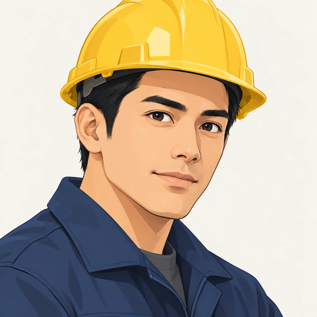 Illustration of one man in a work jacket and a yellow safety helmet over short black hair, his head and shoulders seen at a three-quarter angle with his face turned slightly to one side, both eyes visible and looking at the viewer with a calm closed-mouth expression, closely cropped so the head and shoulders fill most of the picture, hands not visible, a plain pale background behind him, the lower edge left as empty background with nothing written on it (flat illustration)