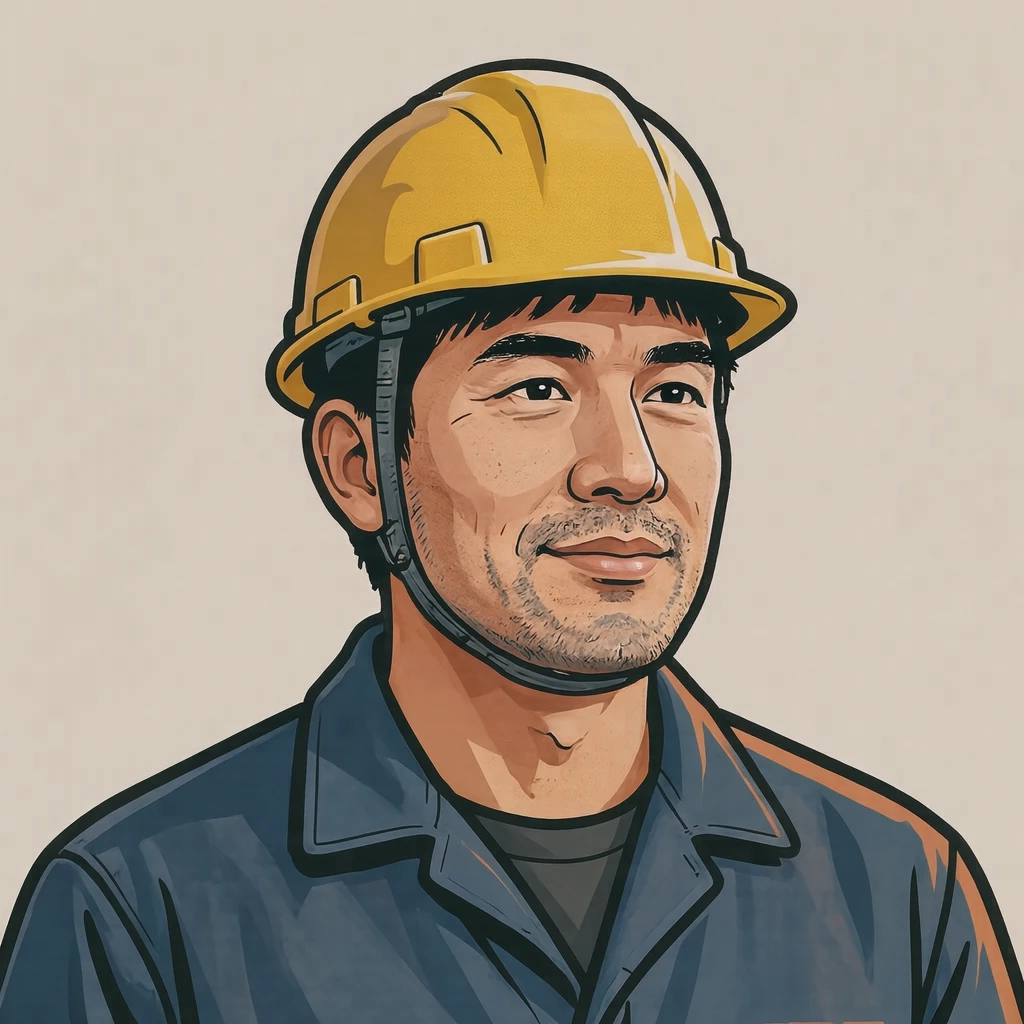 Illustration of one man in a work jacket and a yellow safety helmet over short black hair, his head and shoulders seen at a three-quarter angle with his face turned slightly to one side, both eyes visible and looking at the viewer with a calm closed-mouth expression, closely cropped so the head and shoulders fill most of the picture, hands not visible, a plain pale background behind him, the lower edge left as empty background with nothing written on it (bold graphic)