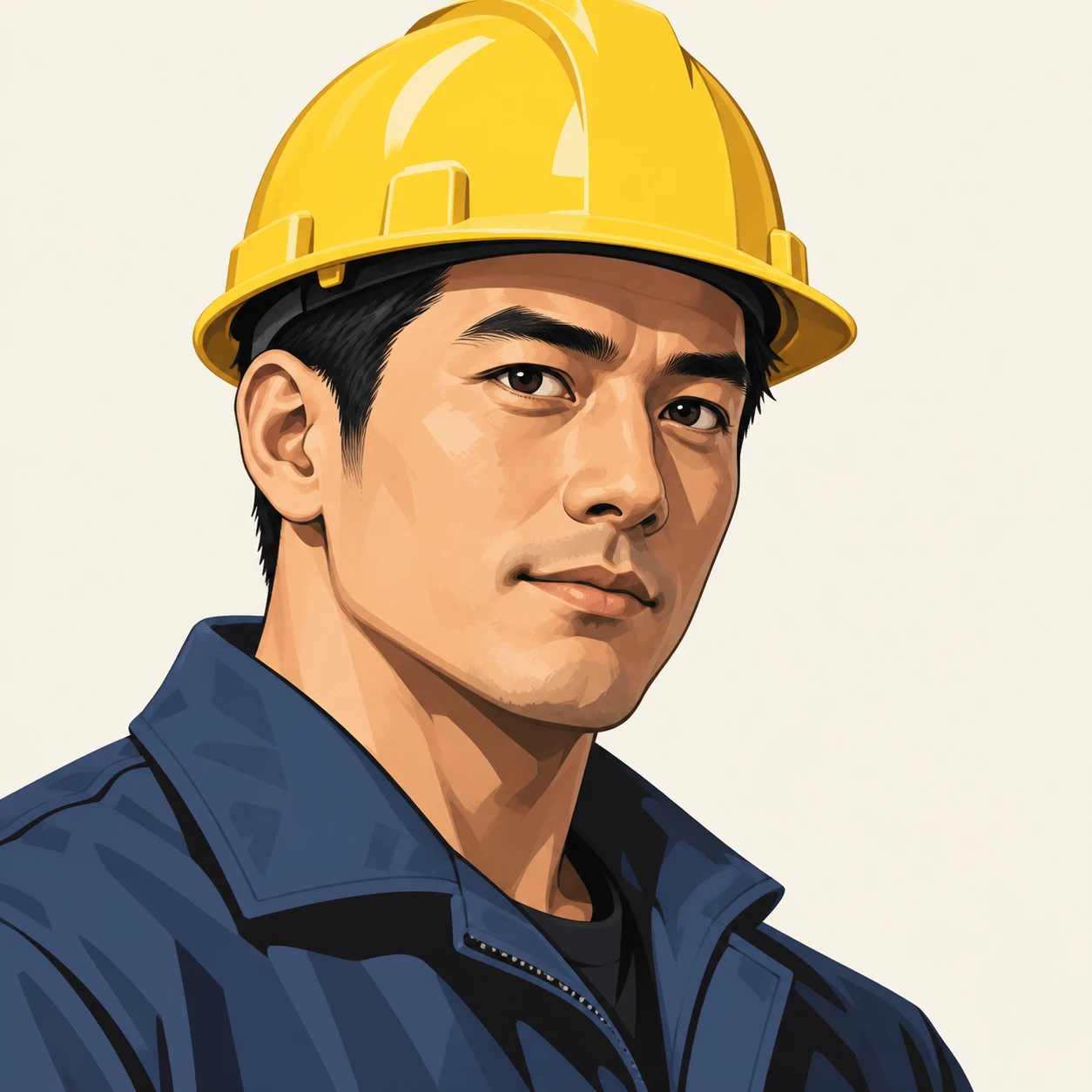無地を背にした斜め向きの作業着とヘルメットの男性のイラスト（グラフィックポスター）