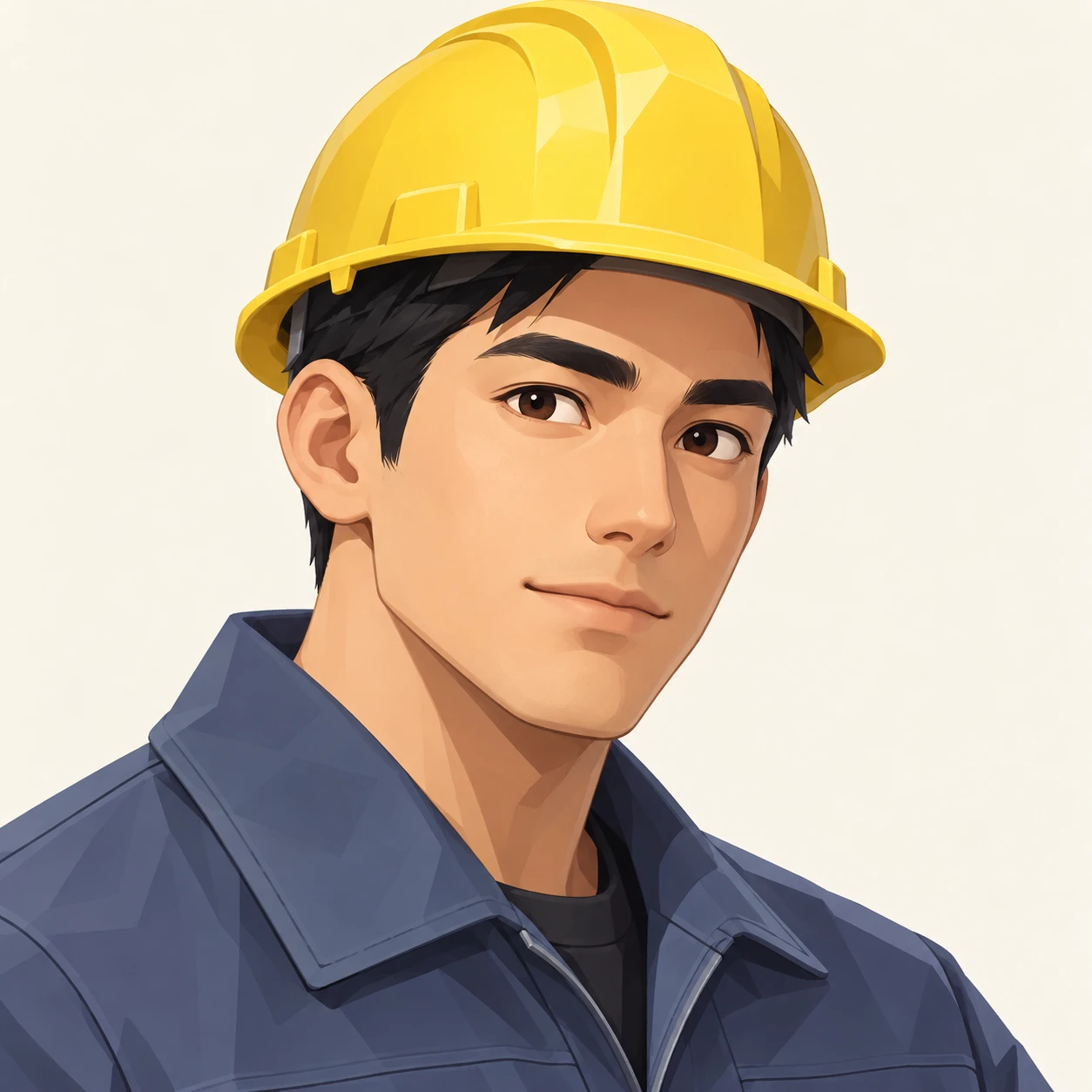 無地を背にした斜め向きの作業着とヘルメットの男性のイラスト（アイソメトリック）