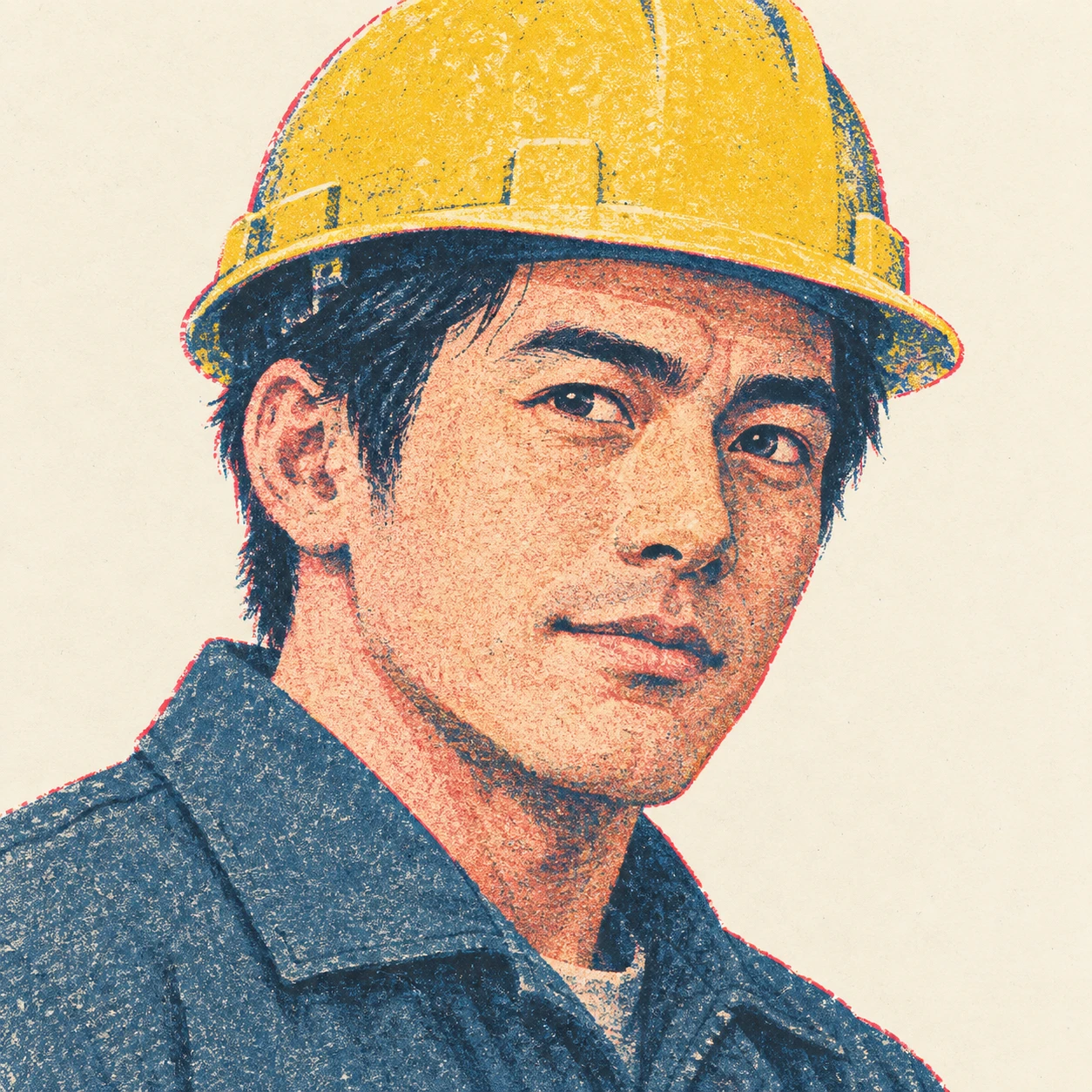身穿工作服、戴安全帽的男性的头像（复古印刷）