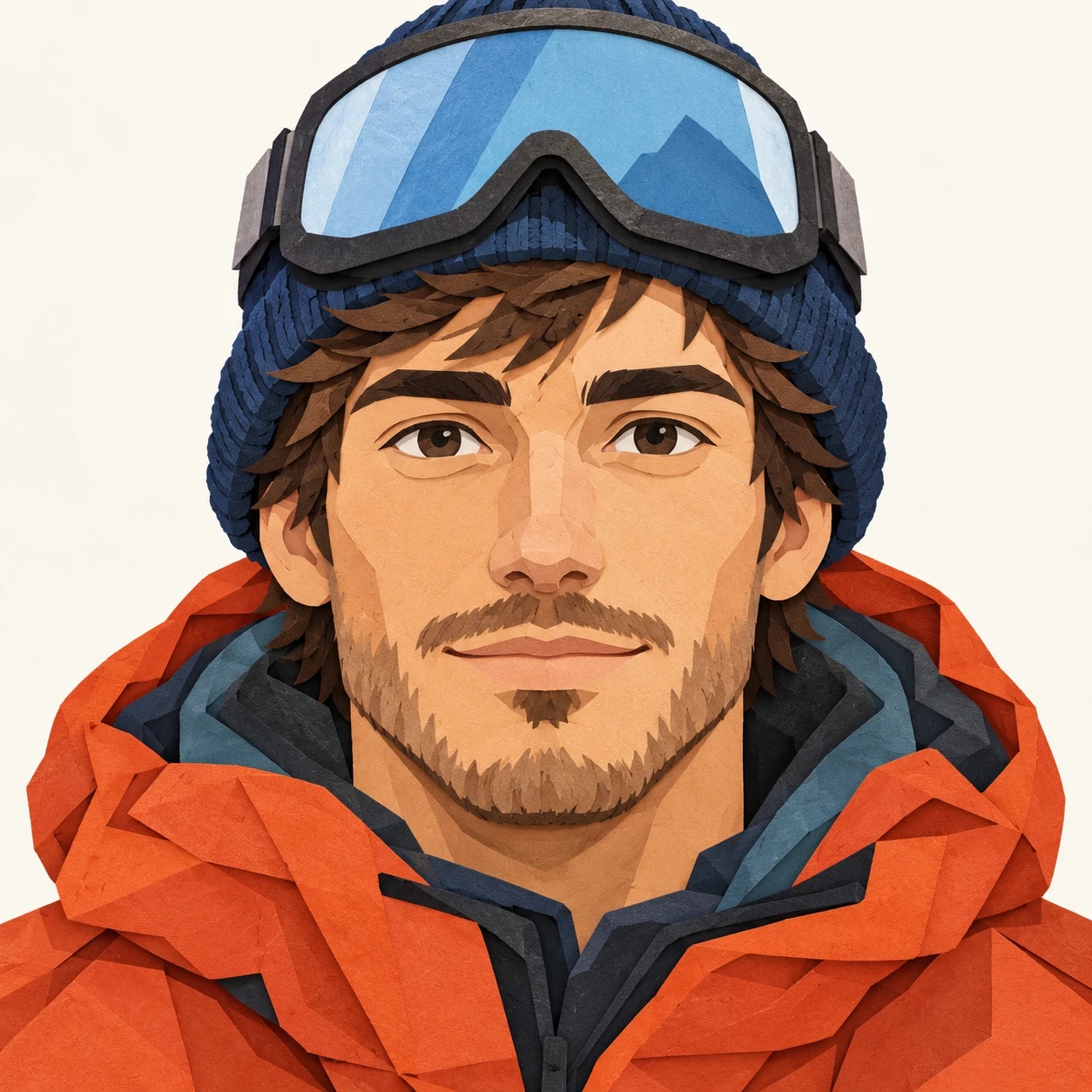 Illustration of one man in a puffy ski jacket with ski goggles pushed up onto a knitted hat, his head and shoulders seen straight from the front with both eyes looking at the viewer and a calm closed-mouth expression, closely cropped so the head and shoulders fill most of the picture, hands not visible, a plain pale background behind him, the lower edge left as empty background with nothing written on it (paper cut-out)