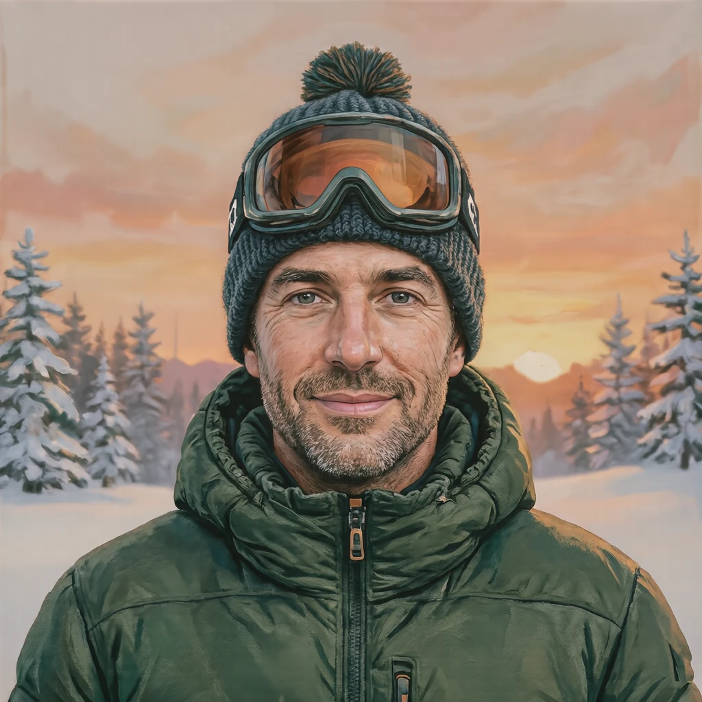 Illustration of one man in a puffy ski jacket with ski goggles pushed up onto a knitted hat, his head and shoulders seen straight from the front with both eyes looking at the viewer and a calm closed-mouth expression, closely cropped so the head and shoulders fill most of the picture, hands not visible, a plain pale background behind him, the lower edge left as empty background with nothing written on it (gouache)