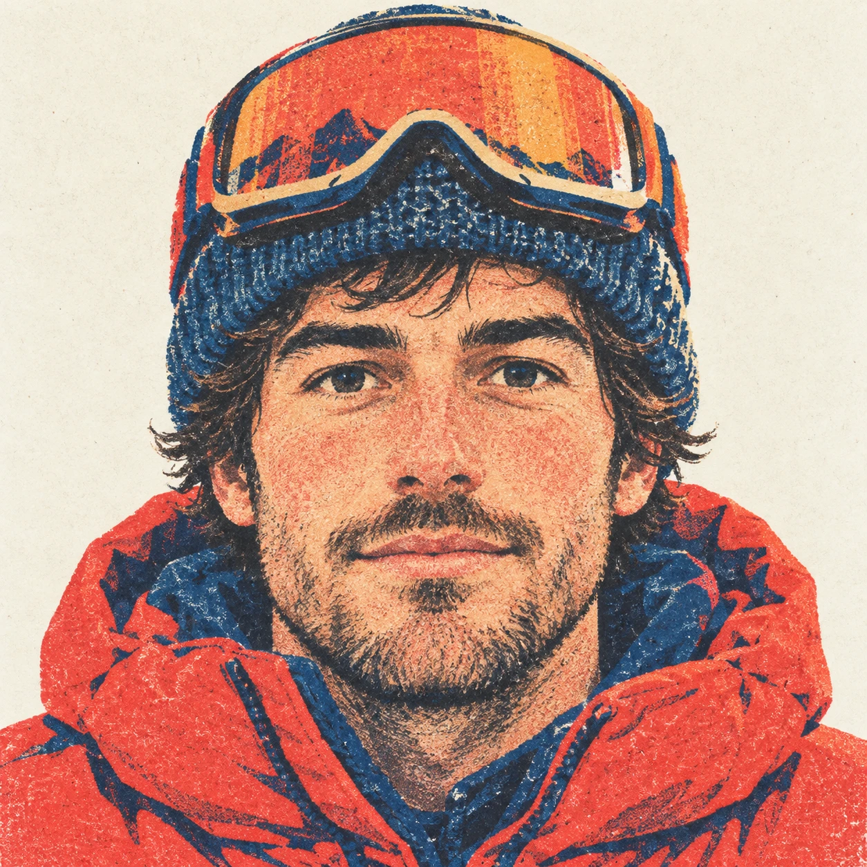 Illustration of one man in a puffy ski jacket with ski goggles pushed up onto a knitted hat, his head and shoulders seen straight from the front with both eyes looking at the viewer and a calm closed-mouth expression, closely cropped so the head and shoulders fill most of the picture, hands not visible, a plain pale background behind him, the lower edge left as empty background with nothing written on it (retro print)