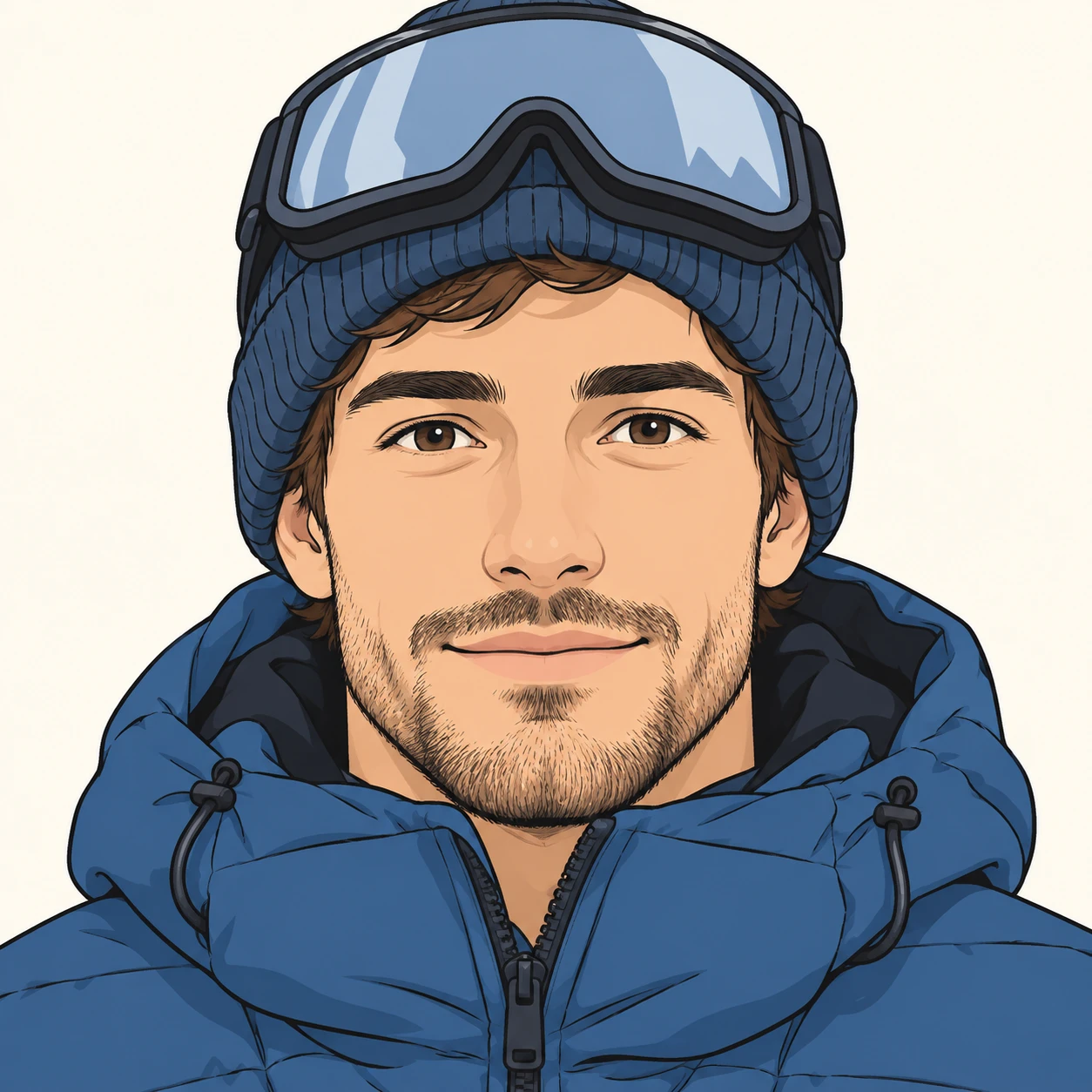 Illustration of one man in a puffy ski jacket with ski goggles pushed up onto a knitted hat, his head and shoulders seen straight from the front with both eyes looking at the viewer and a calm closed-mouth expression, closely cropped so the head and shoulders fill most of the picture, hands not visible, a plain pale background behind him, the lower edge left as empty background with nothing written on it (simple line art)