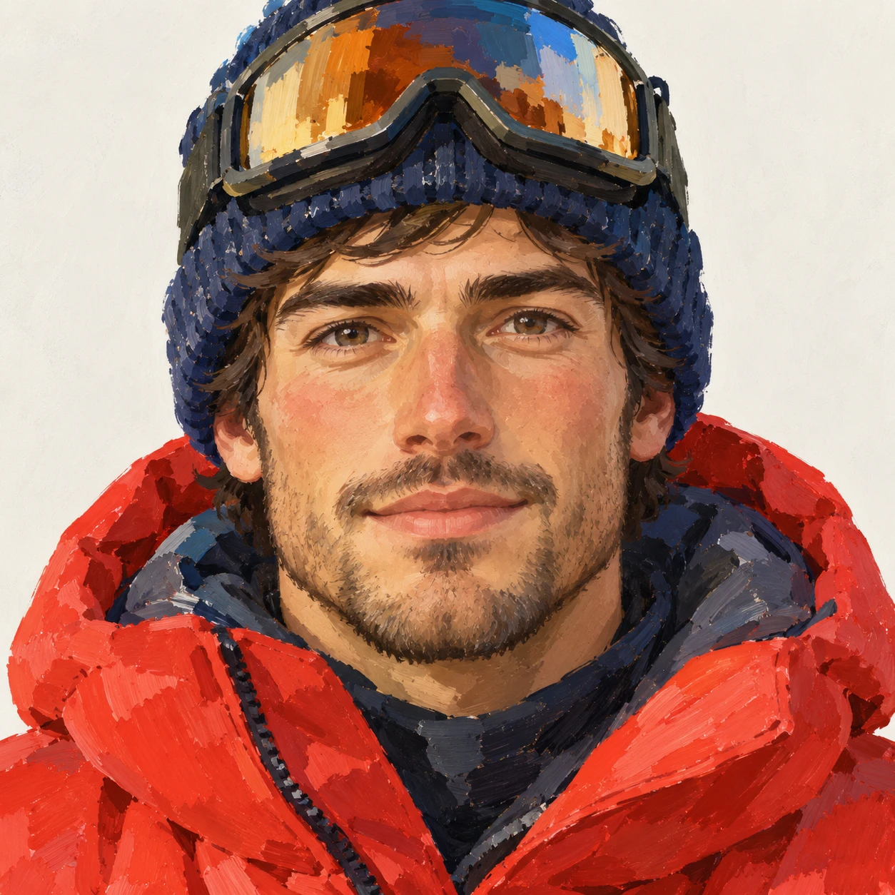 Illustration of one man in a puffy ski jacket with ski goggles pushed up onto a knitted hat, his head and shoulders seen straight from the front with both eyes looking at the viewer and a calm closed-mouth expression, closely cropped so the head and shoulders fill most of the picture, hands not visible, a plain pale background behind him, the lower edge left as empty background with nothing written on it (gouache)