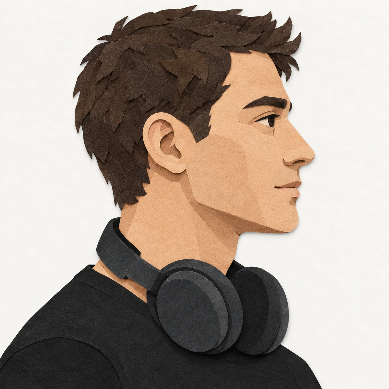 無地を背にした横向きの音声のヘッドホンの男性のイラスト（切り絵）
