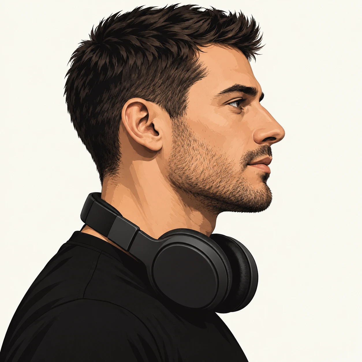 無地を背にした横向きの音声のヘッドホンの男性のイラスト（グラフィックポスター）