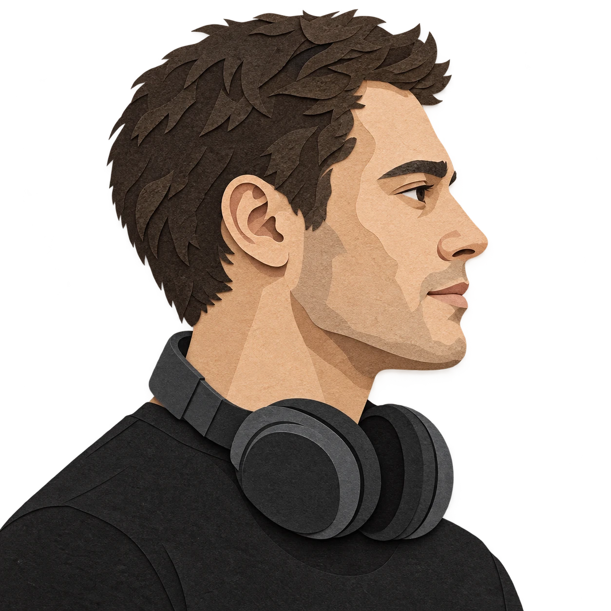 ヘッドホンを首にかけた音声スタッフ風の男性のプロフィール用画像（切り絵）