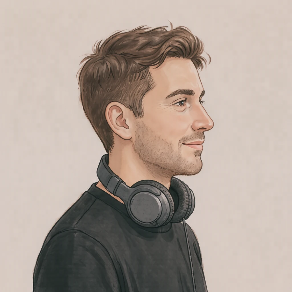 Illustration of one man in a black crew shirt with large over-ear headphones resting around his neck and short hair, his head and shoulders seen in full profile from the side with his gaze level ahead and a calm closed-mouth expression, closely cropped so the head and shoulders fill most of the picture, hands not visible, a plain pale background behind him, the lower edge left as empty background with nothing written on it (soft pastel)