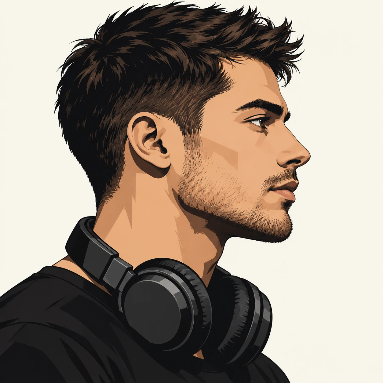 Illustration of one man in a black crew shirt with large over-ear headphones resting around his neck and short hair, his head and shoulders seen in full profile from the side with his gaze level ahead and a calm closed-mouth expression, closely cropped so the head and shoulders fill most of the picture, hands not visible, a plain pale background behind him, the lower edge left as empty background with nothing written on it (bold graphic)