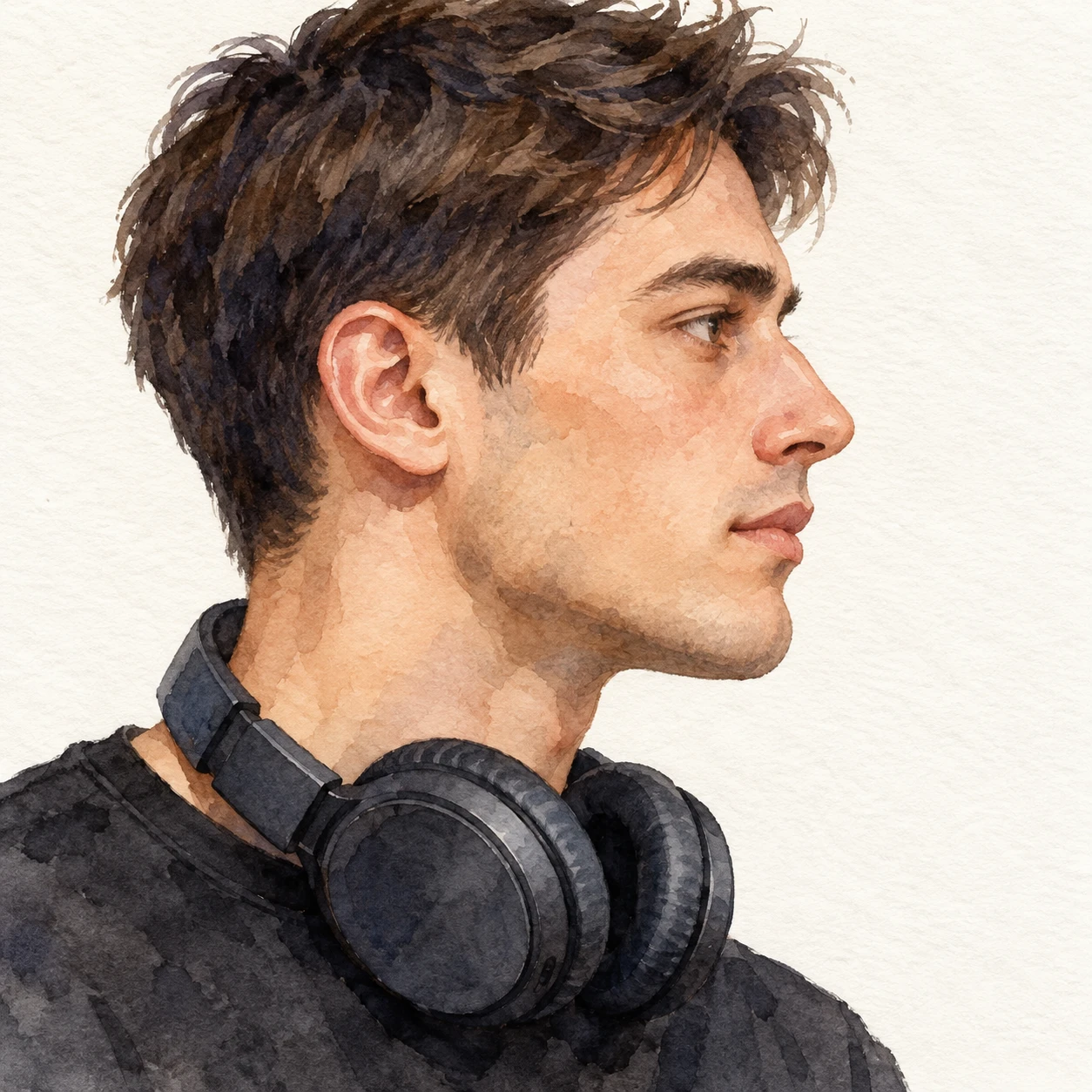 Illustration of one man in a black crew shirt with large over-ear headphones resting around his neck and short hair, his head and shoulders seen in full profile from the side with his gaze level ahead and a calm closed-mouth expression, closely cropped so the head and shoulders fill most of the picture, hands not visible, a plain pale background behind him, the lower edge left as empty background with nothing written on it (watercolor)