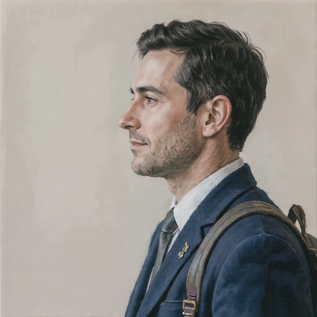 Illustration of one man in a school blazer with a backpack strap over one shoulder and neat dark hair, his head and shoulders seen in full profile from the side with his gaze level ahead and a calm closed-mouth expression, closely cropped so the head and shoulders fill most of the picture, hands not visible, a plain pale background behind him, the lower edge left as empty background with nothing written on it (gouache)