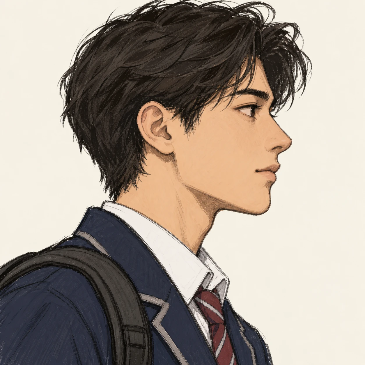 無地を背にした横向きの学生服とリュックの男性のイラスト（手描き風）