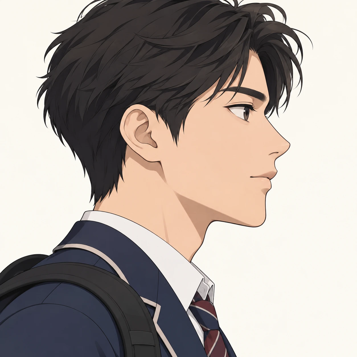 Illustration of one man in a school blazer with a backpack strap over one shoulder and neat dark hair, his head and shoulders seen in full profile from the side with his gaze level ahead and a calm closed-mouth expression, closely cropped so the head and shoulders fill most of the picture, hands not visible, a plain pale background behind him, the lower edge left as empty background with nothing written on it (flat illustration)