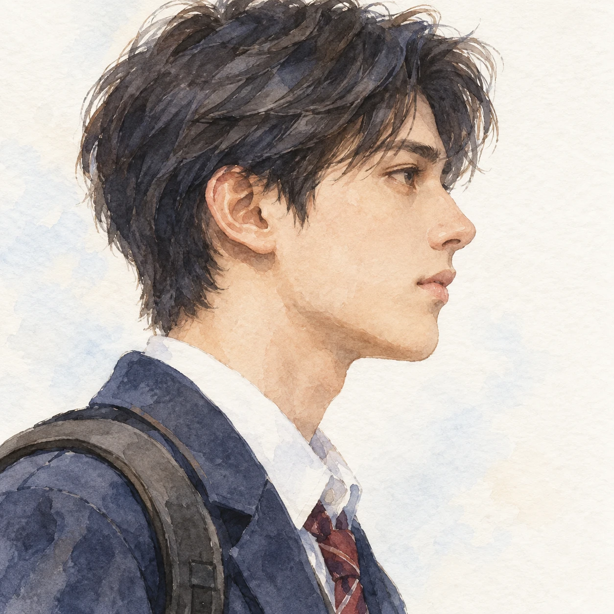 無地を背にした横向きの学生服とリュックの男性のイラスト（水彩）