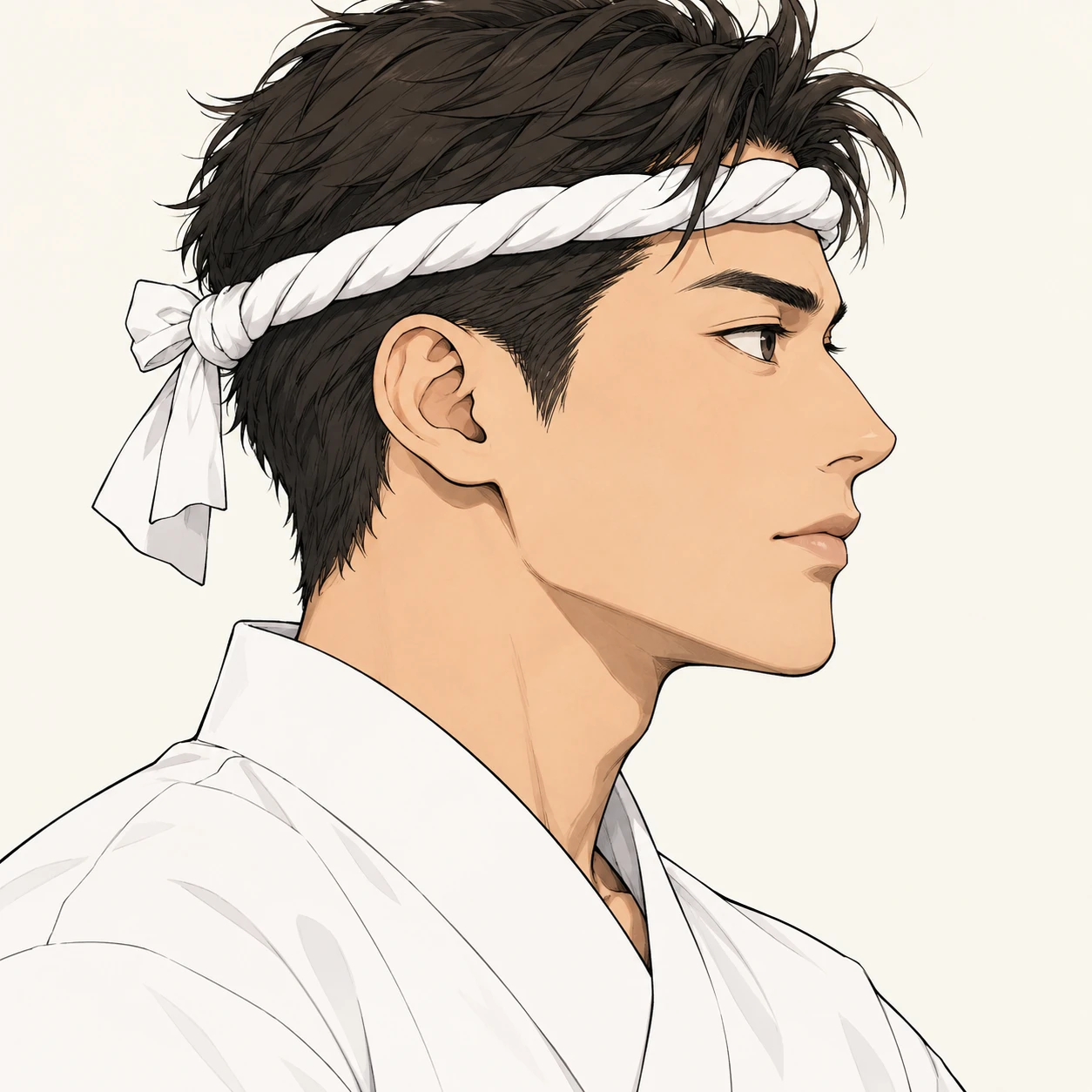 Illustration of one man in a white sushi chef's jacket with a twisted white cloth tied around his head as a headband, his head and shoulders seen in full profile from the side with his gaze level ahead and a calm closed-mouth expression, closely cropped so the head and shoulders fill most of the picture, hands not visible, a plain pale background behind him, the lower edge left as empty background with nothing written on it (simple line art)