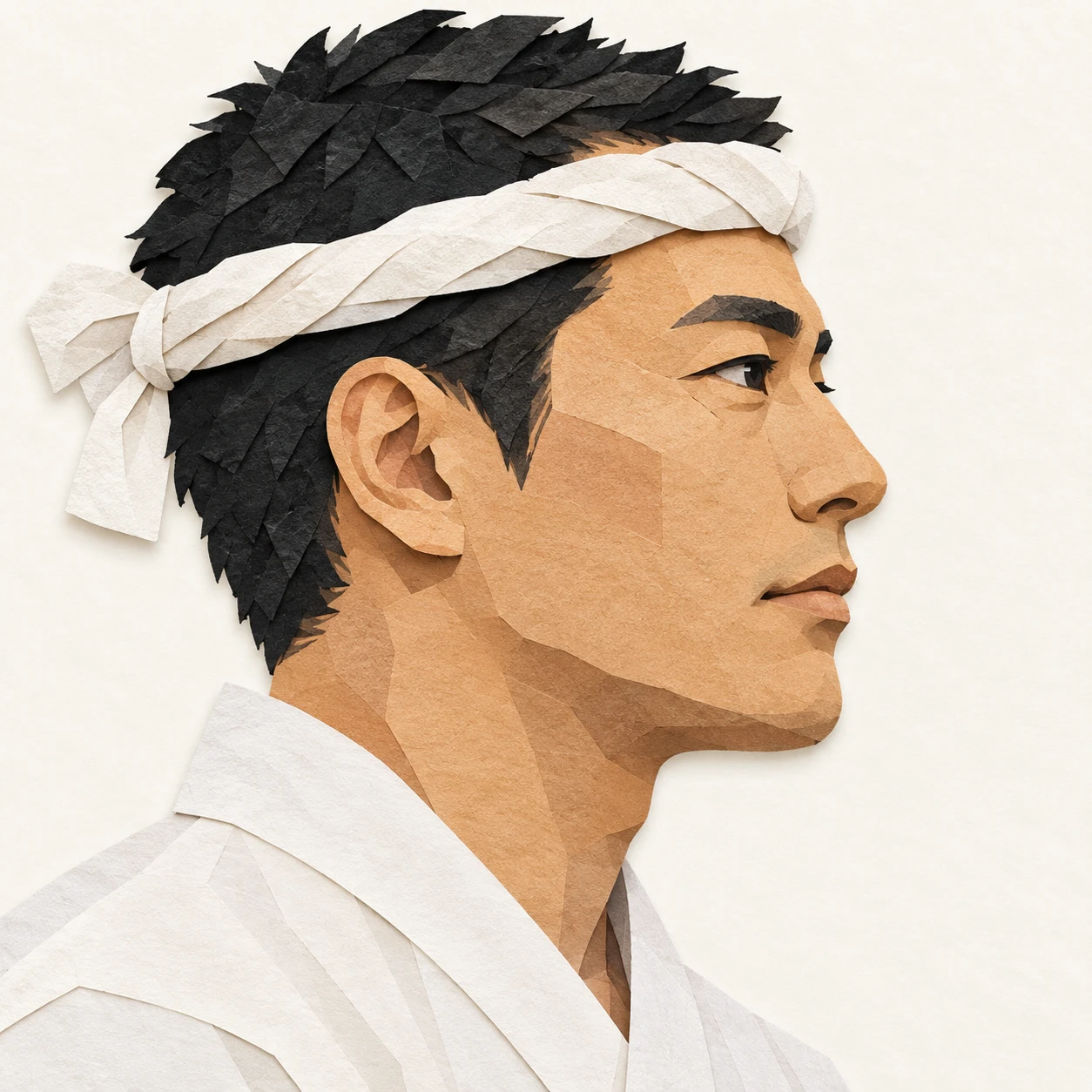 Illustration of one man in a white sushi chef's jacket with a twisted white cloth tied around his head as a headband, his head and shoulders seen in full profile from the side with his gaze level ahead and a calm closed-mouth expression, closely cropped so the head and shoulders fill most of the picture, hands not visible, a plain pale background behind him, the lower edge left as empty background with nothing written on it (paper cut-out)