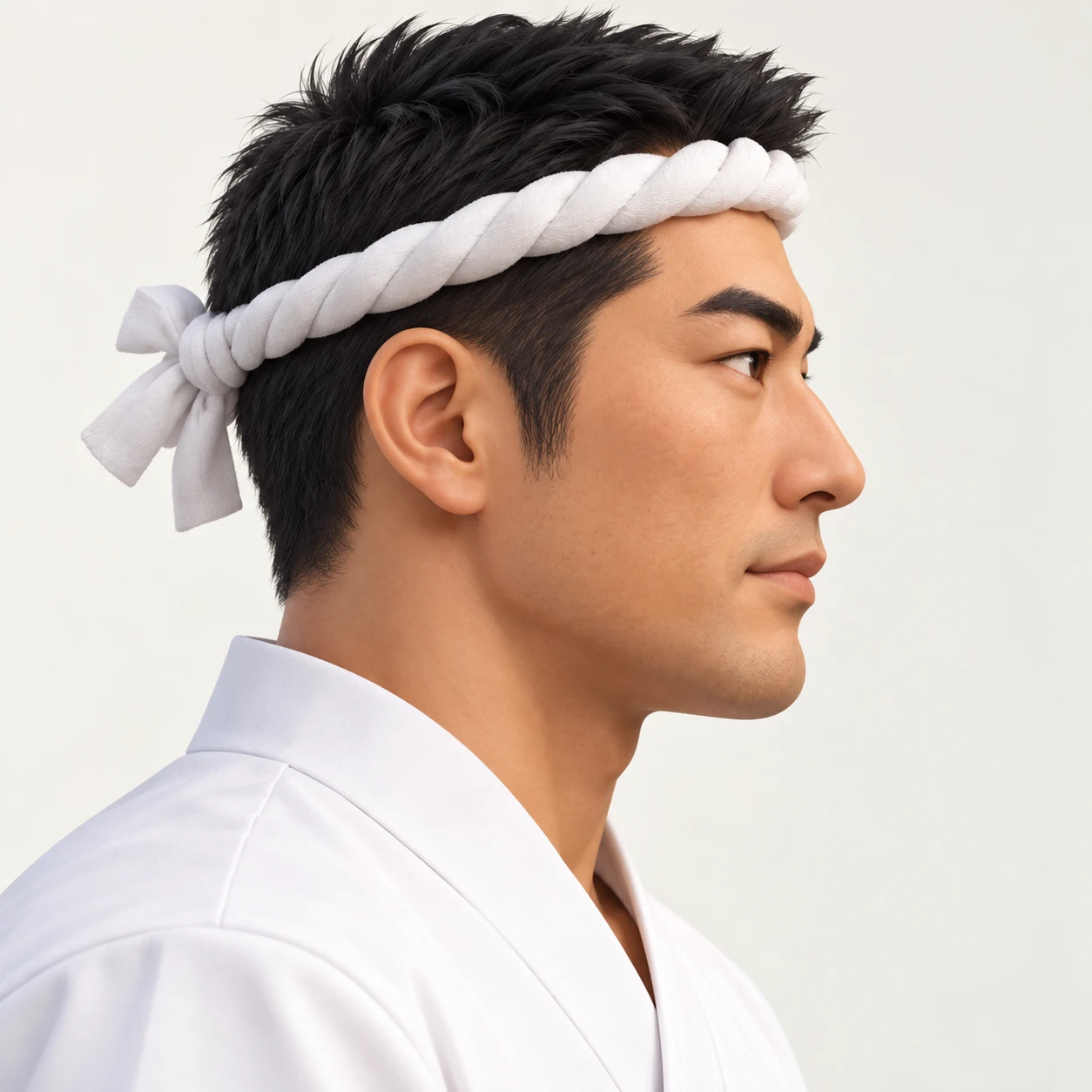 Illustration of one man in a white sushi chef's jacket with a twisted white cloth tied around his head as a headband, his head and shoulders seen in full profile from the side with his gaze level ahead and a calm closed-mouth expression, closely cropped so the head and shoulders fill most of the picture, hands not visible, a plain pale background behind him, the lower edge left as empty background with nothing written on it (soft 3D)
