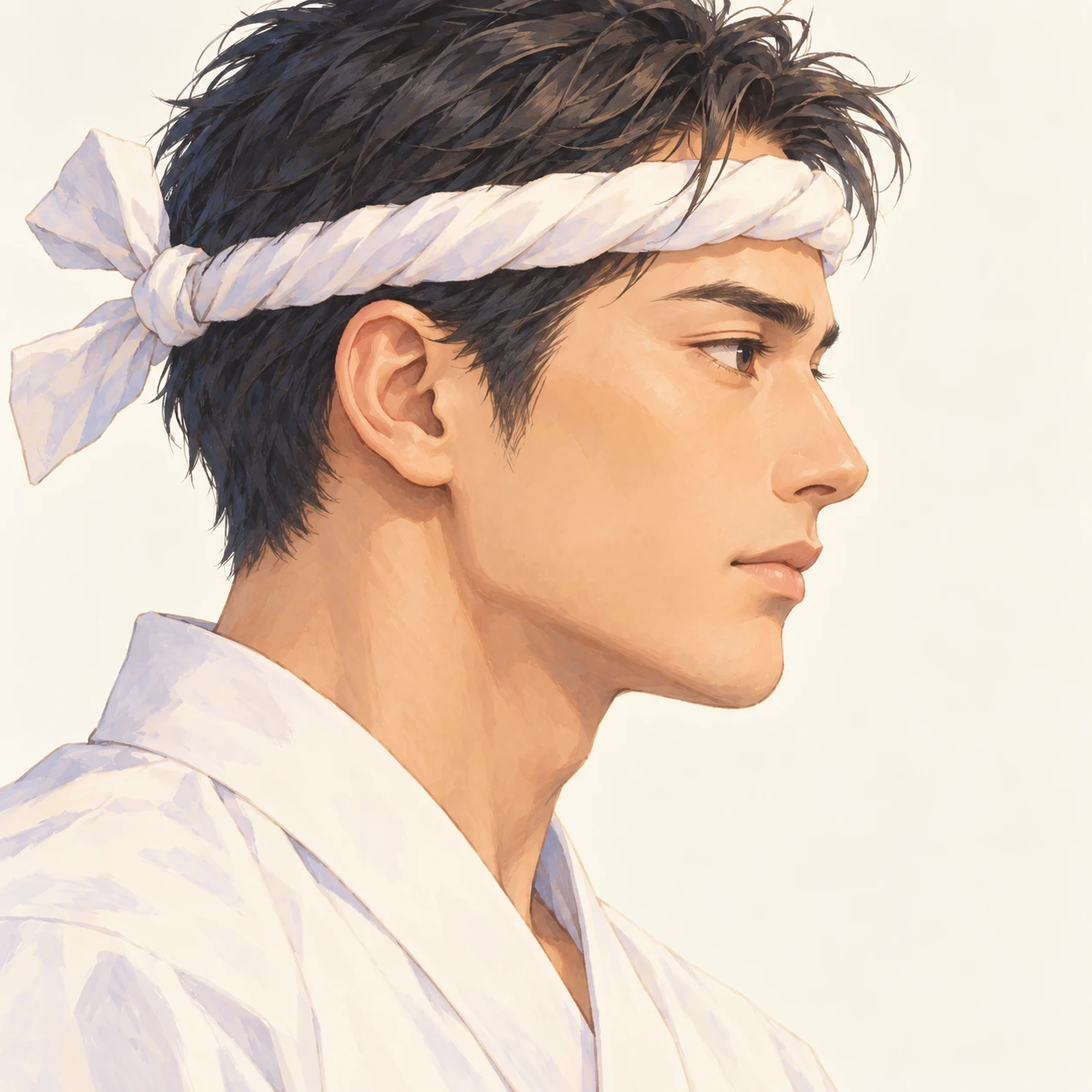 Illustration of one man in a white sushi chef's jacket with a twisted white cloth tied around his head as a headband, his head and shoulders seen in full profile from the side with his gaze level ahead and a calm closed-mouth expression, closely cropped so the head and shoulders fill most of the picture, hands not visible, a plain pale background behind him, the lower edge left as empty background with nothing written on it (soft pastel)