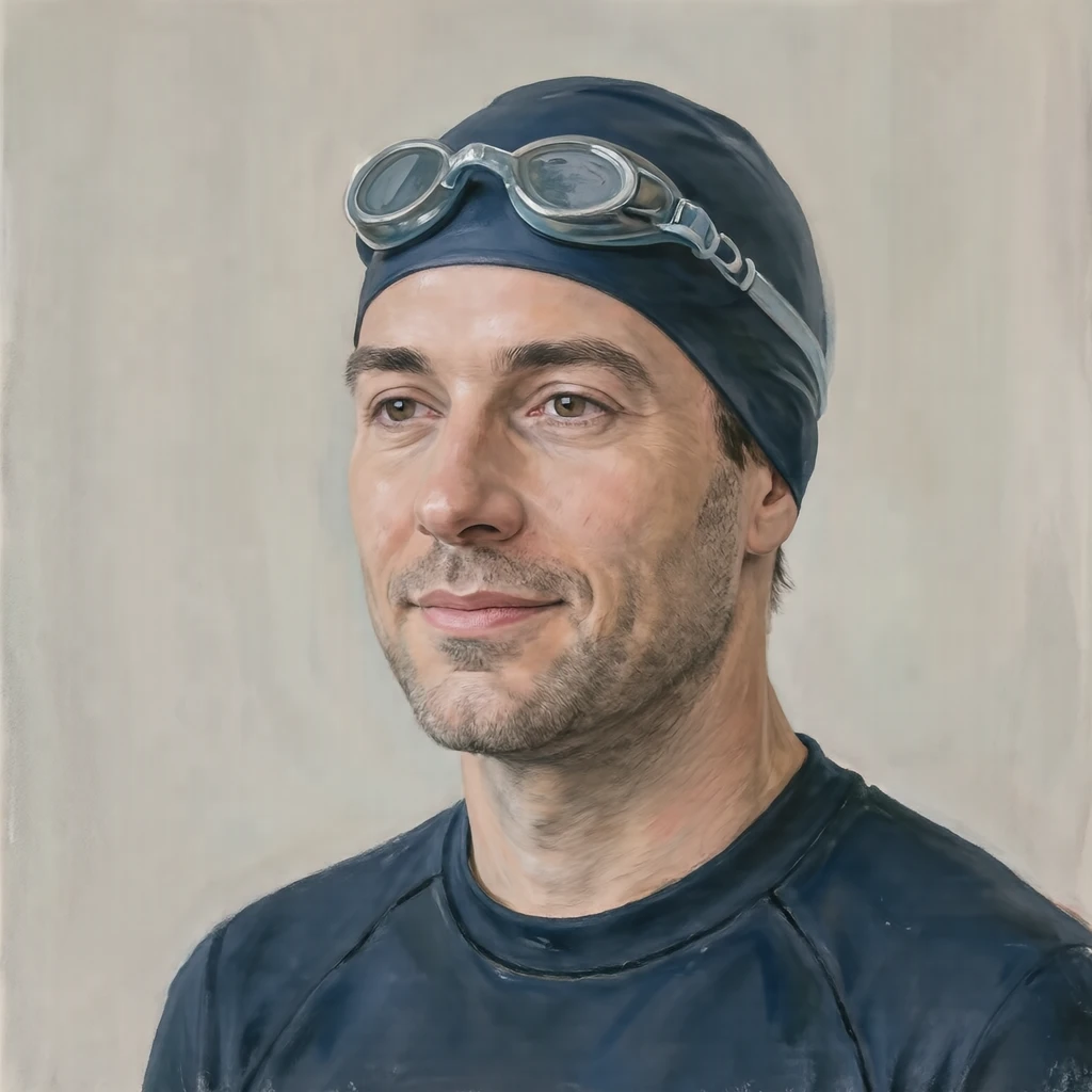 Illustration of one man in a plain navy swim cap with swimming goggles resting on top of the cap and the neckline of a plain dark rash guard, his head and shoulders seen at a three-quarter angle with his face turned slightly to one side, both eyes visible and looking at the viewer with a calm closed-mouth expression, closely cropped so the head and shoulders fill most of the picture, hands not visible, a plain pale background behind him, the lower edge left as empty background with nothing written on it (gouache)