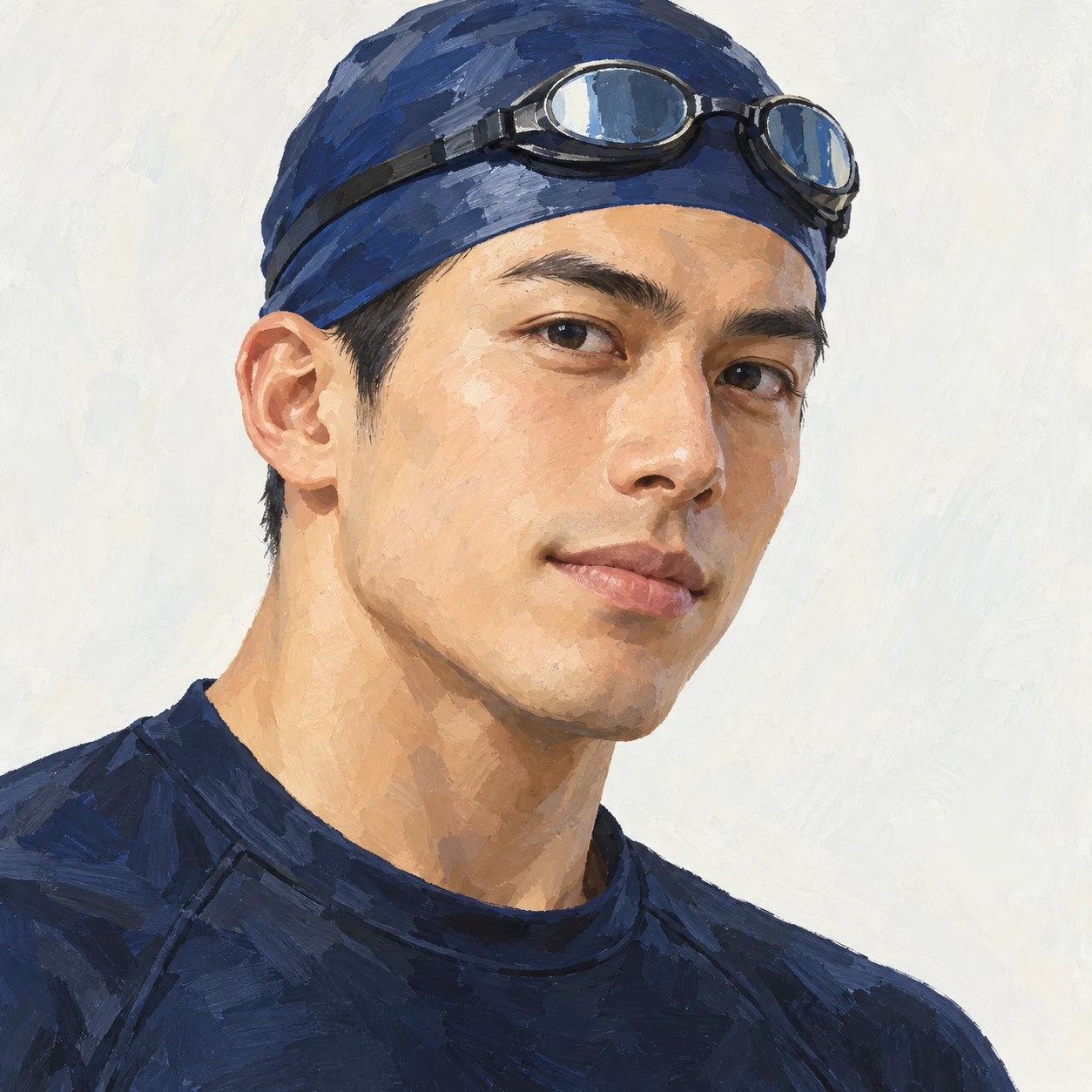 Illustration of one man in a plain navy swim cap with swimming goggles resting on top of the cap and the neckline of a plain dark rash guard, his head and shoulders seen at a three-quarter angle with his face turned slightly to one side, both eyes visible and looking at the viewer with a calm closed-mouth expression, closely cropped so the head and shoulders fill most of the picture, hands not visible, a plain pale background behind him, the lower edge left as empty background with nothing written on it (gouache)