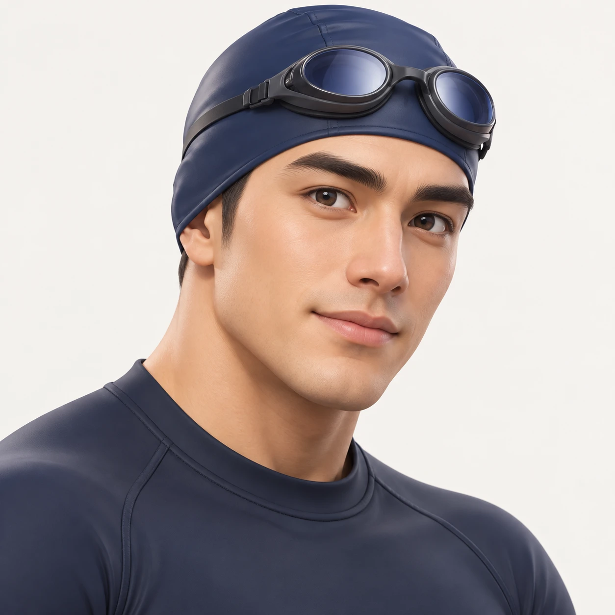 Illustration of one man in a plain navy swim cap with swimming goggles resting on top of the cap and the neckline of a plain dark rash guard, his head and shoulders seen at a three-quarter angle with his face turned slightly to one side, both eyes visible and looking at the viewer with a calm closed-mouth expression, closely cropped so the head and shoulders fill most of the picture, hands not visible, a plain pale background behind him, the lower edge left as empty background with nothing written on it (soft 3D)