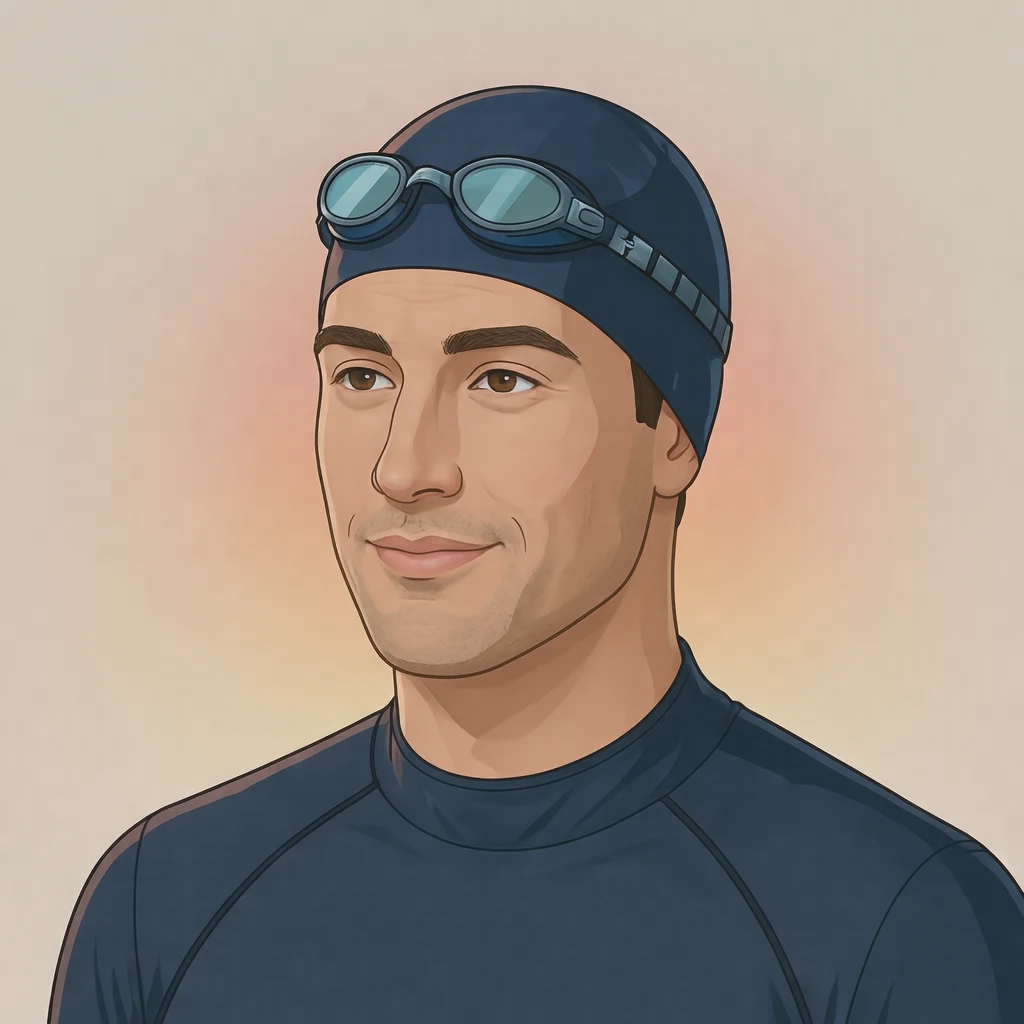 Illustration of one man in a plain navy swim cap with swimming goggles resting on top of the cap and the neckline of a plain dark rash guard, his head and shoulders seen at a three-quarter angle with his face turned slightly to one side, both eyes visible and looking at the viewer with a calm closed-mouth expression, closely cropped so the head and shoulders fill most of the picture, hands not visible, a plain pale background behind him, the lower edge left as empty background with nothing written on it (isometric)
