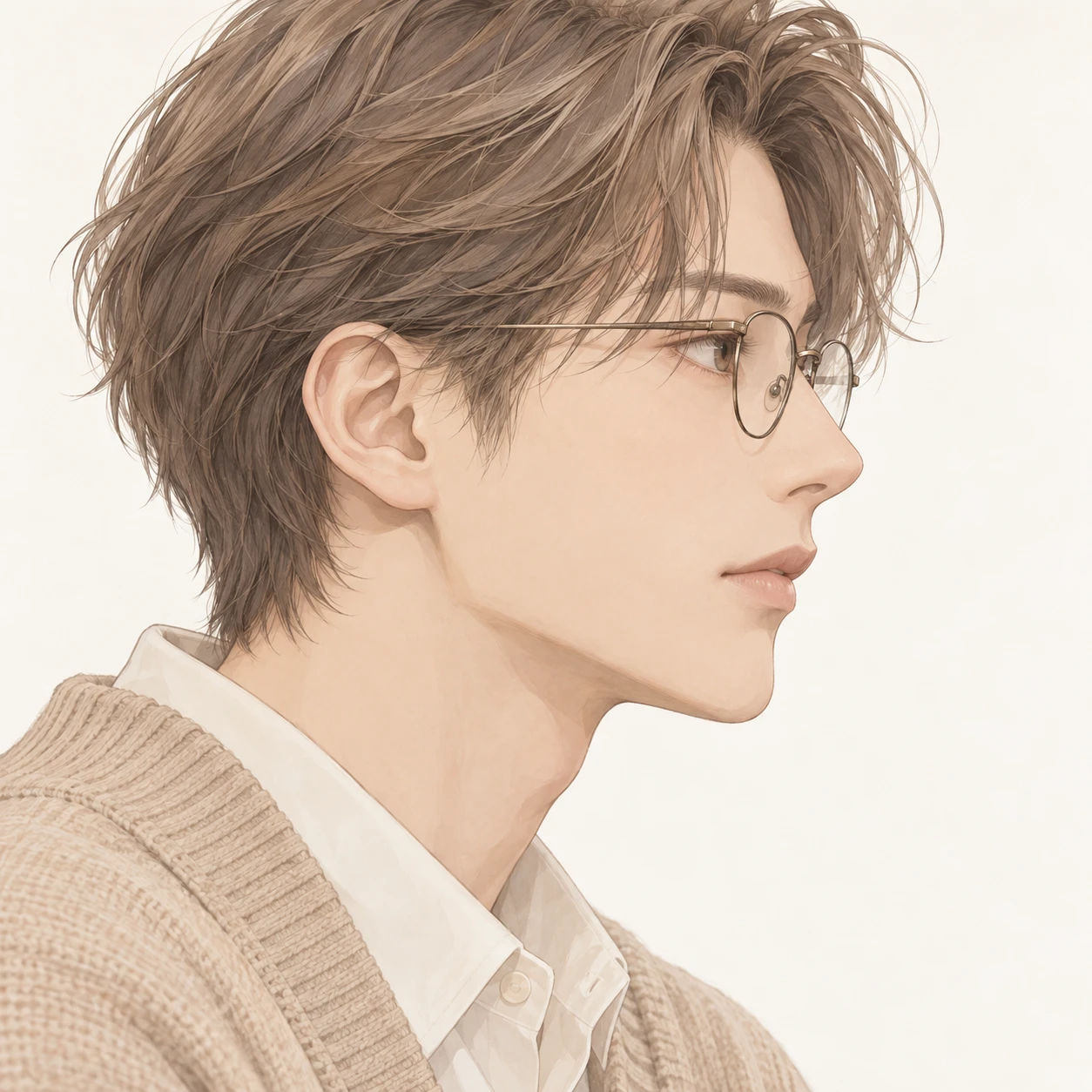 Illustration of one man in a soft beige cardigan with round glasses and ash brown hair, his head and shoulders seen in full profile from the side with his gaze level ahead and a calm closed-mouth expression, closely cropped so the head and shoulders fill most of the picture, hands not visible, a plain pale background behind him, the lower edge left as empty background with nothing written on it (soft pastel)